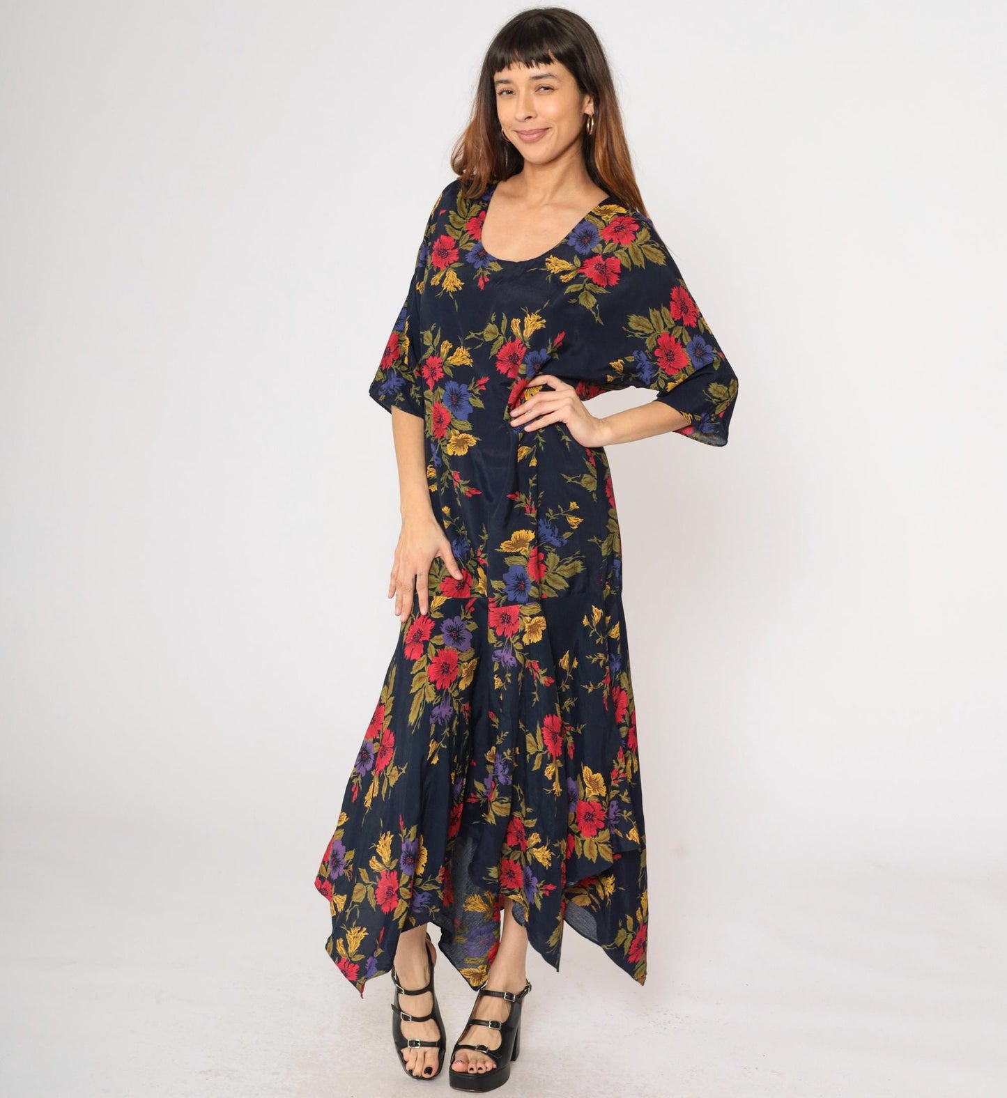 90s Navy Floral Maxi Dress Asymmetrical Hanky Hem Drop Waist Medium