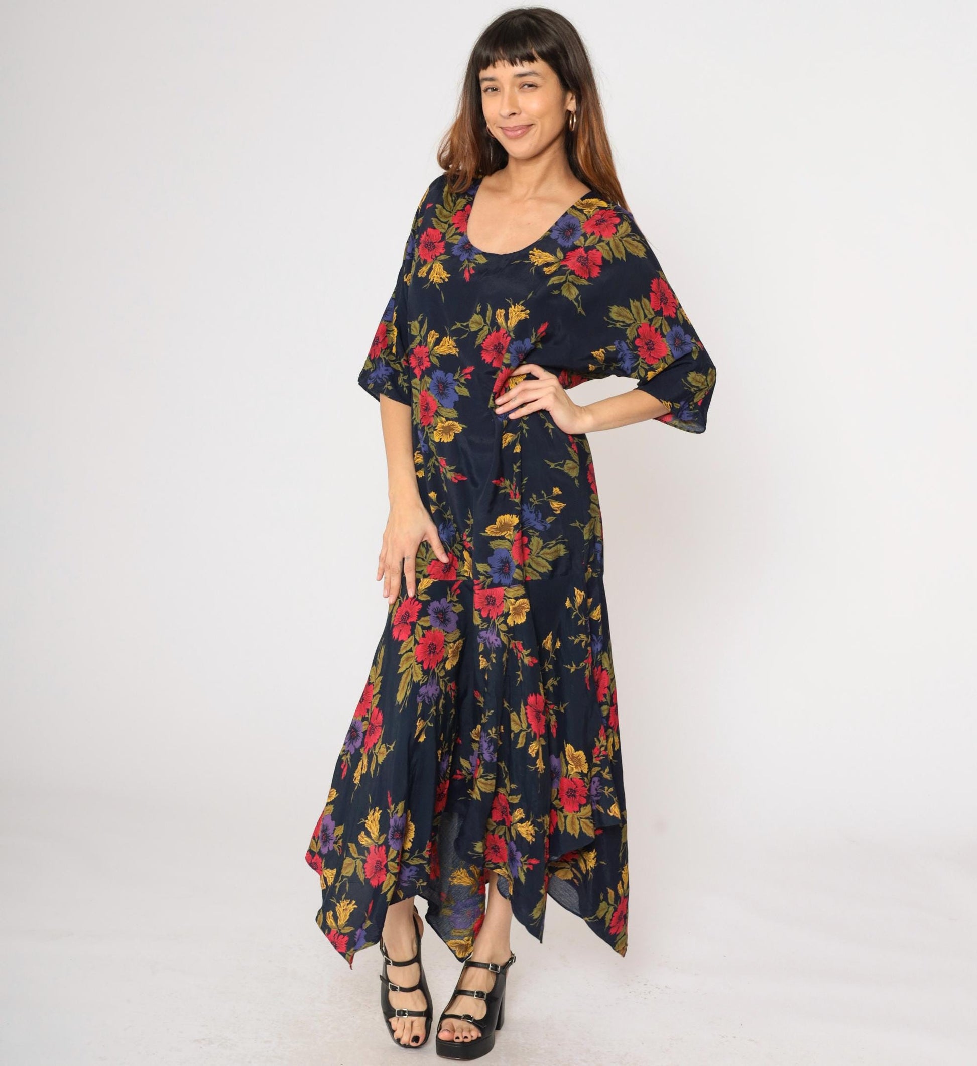 90s Navy Floral Maxi Dress Asymmetrical Hanky Hem Drop Waist Medium