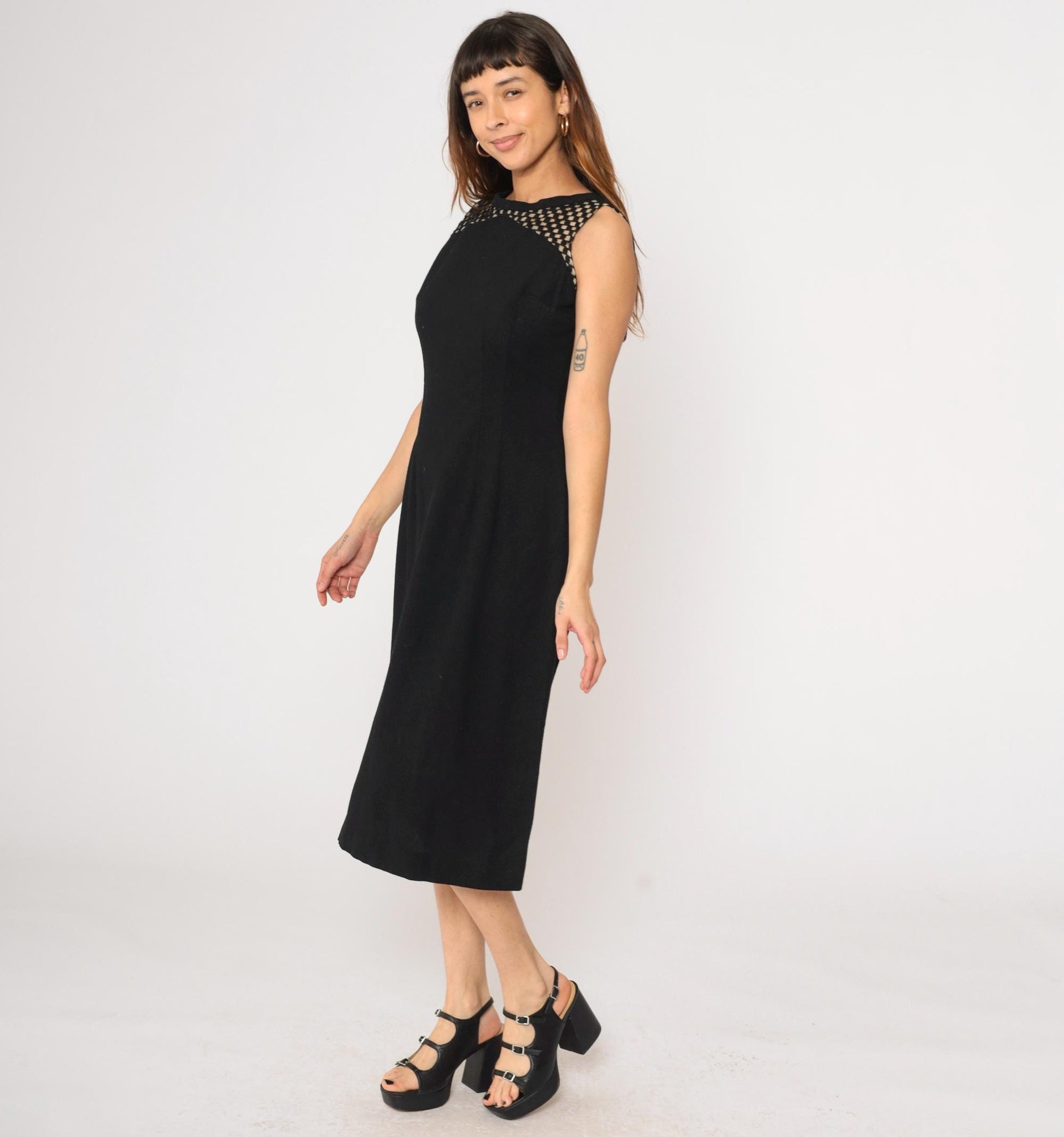 1960s Black Wool Midi Cocktail Dress Sheer Checkered Yoke Sleeveless Medium