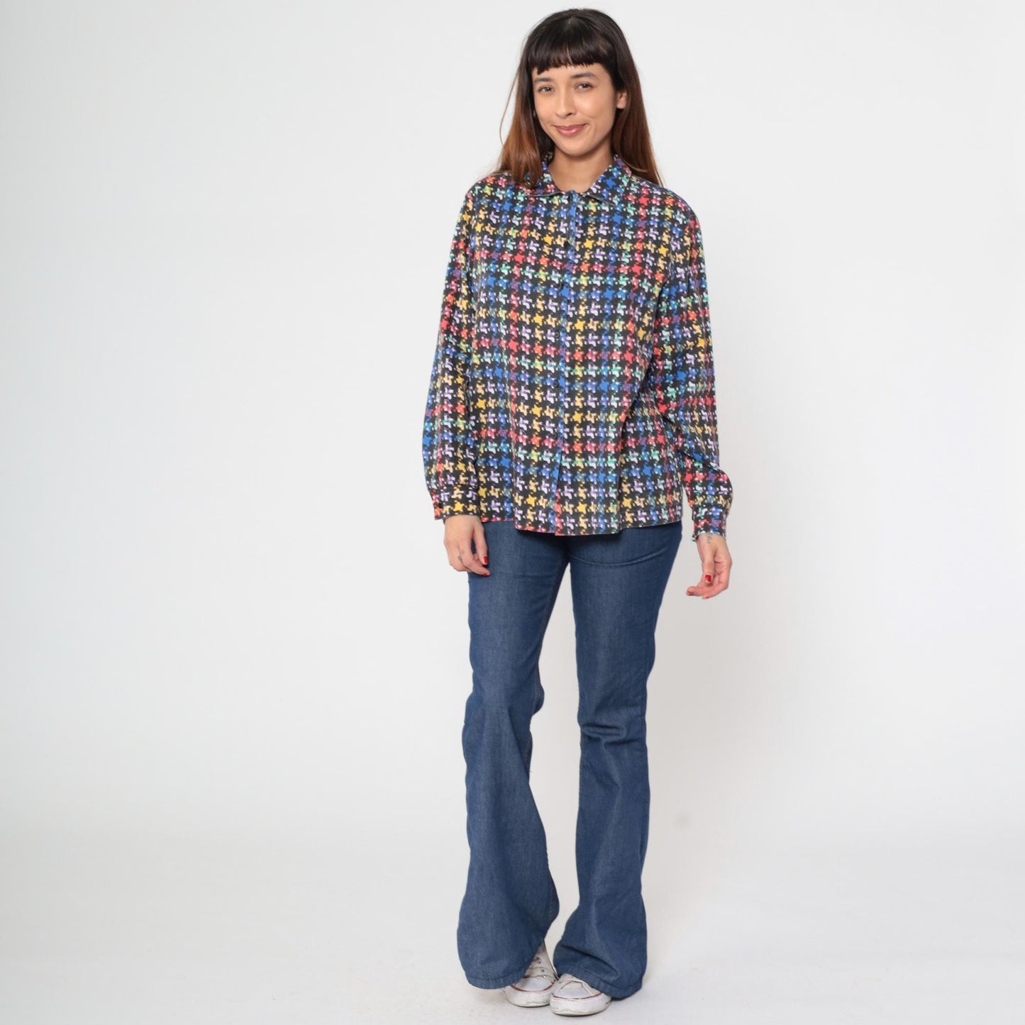 80s Rainbow Plaid Button-Up Blouse Black Checkered Long Sleeve Collared Large L