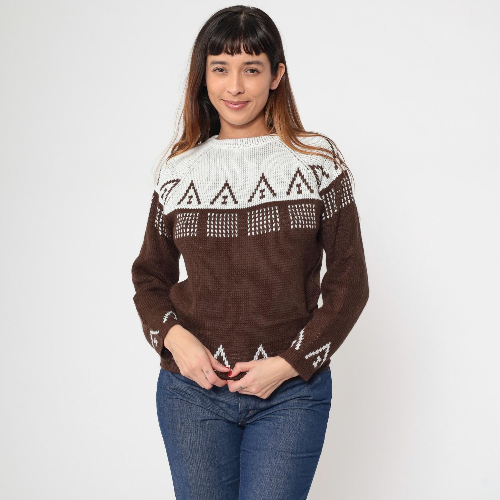 70s Carol Brent Geometric Color Block Sweater Brown White Raglan Small