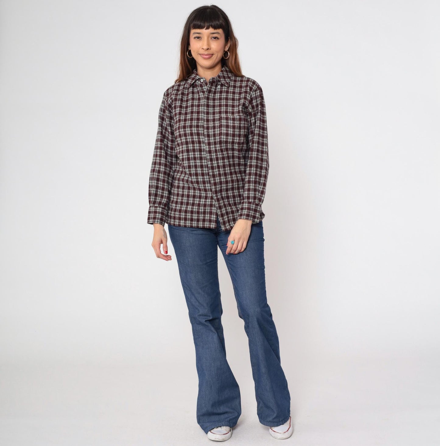 80s Rollex Wool Blend Plaid Button-Up Shirt Grey Red Small