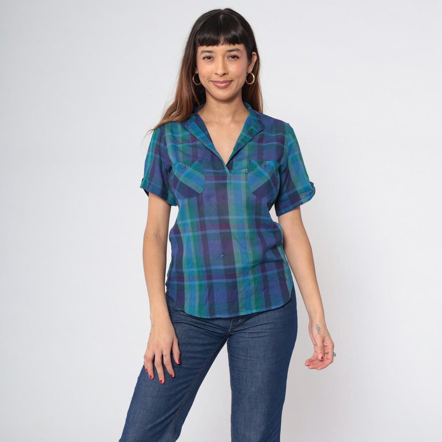 80s Levi's Plaid Button-Up Blouse Purple Blue Green Mandarin Collar Small S