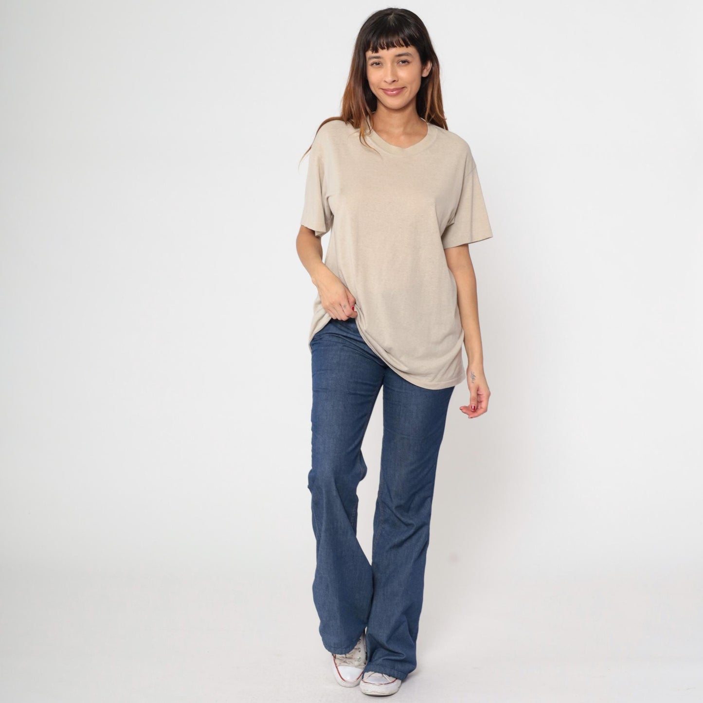 80s Plain Taupe Crewneck T-Shirt Single Stitch Duke Athletic Large L