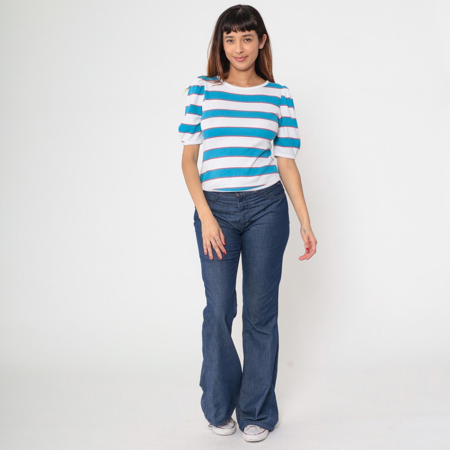 80s Fritzi Striped T-Shirt Puff Sleeve White Blue Red Small
