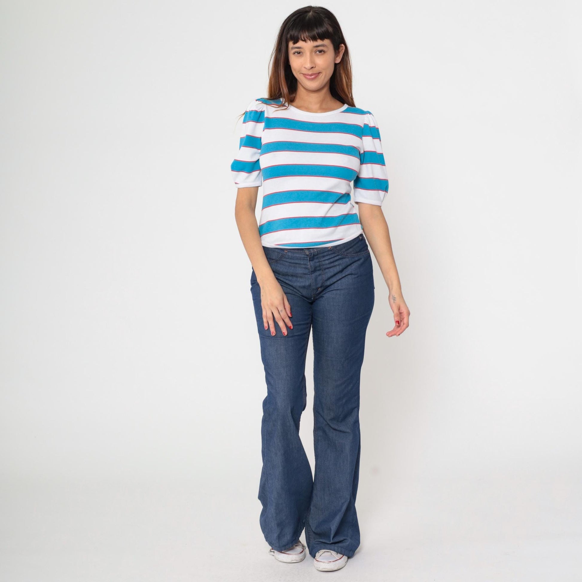 80s Fritzi Striped T-Shirt Puff Sleeve White Blue Red Small