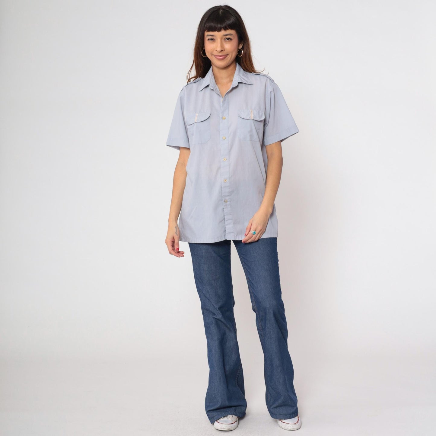 80s Claybrooke Grey-Blue Utility Shirt Button Up Chest Pocket Medium M