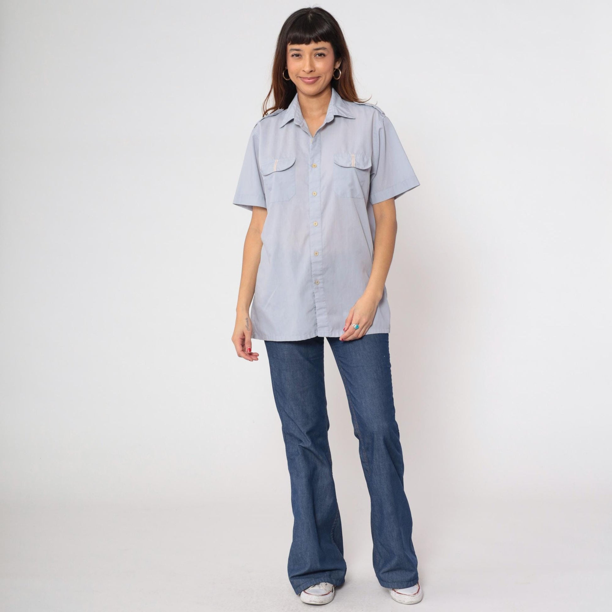 80s Claybrooke Grey-Blue Utility Shirt Button Up Chest Pocket Medium M