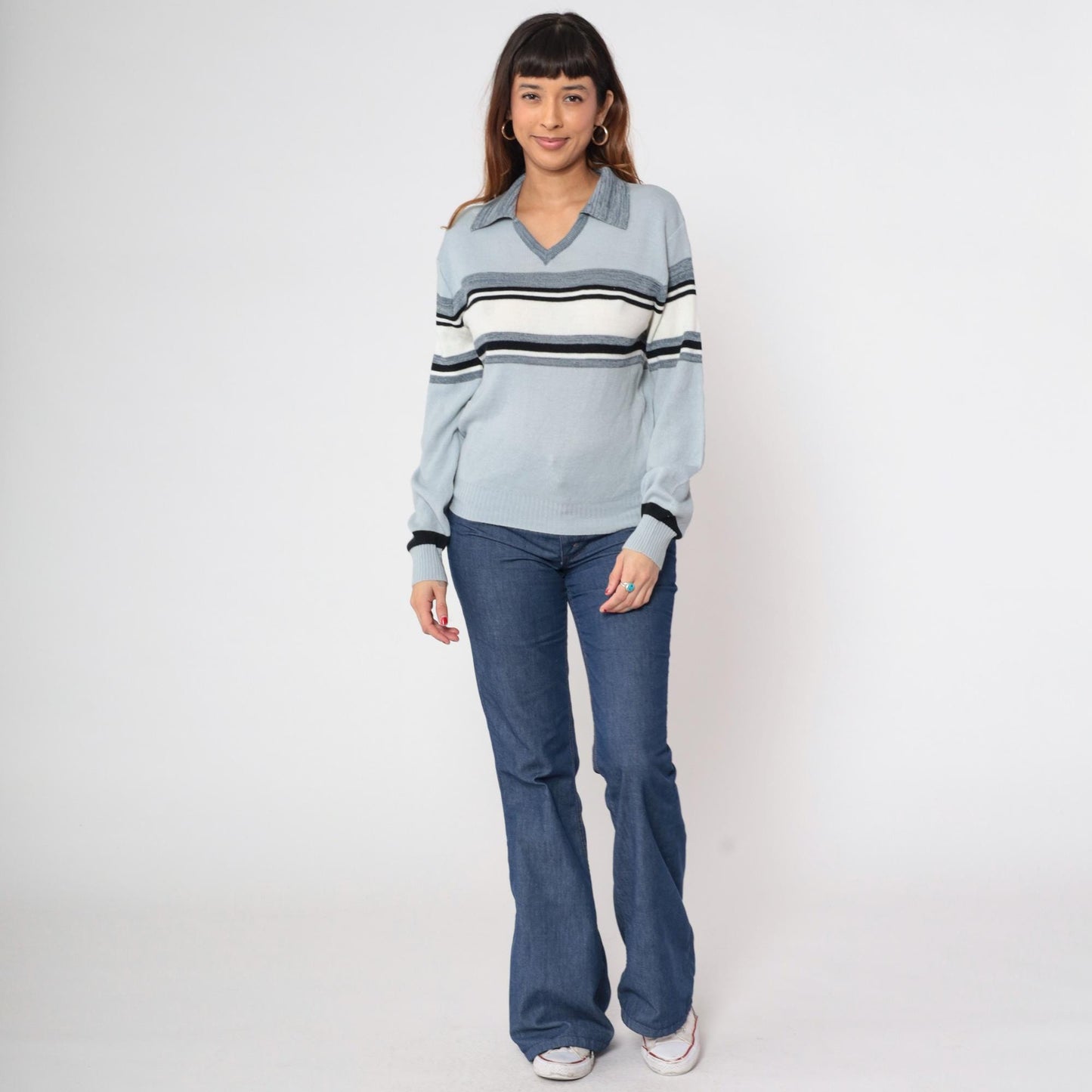 70s Blue Grey Striped Knit Sweater Collared V-Neck Small