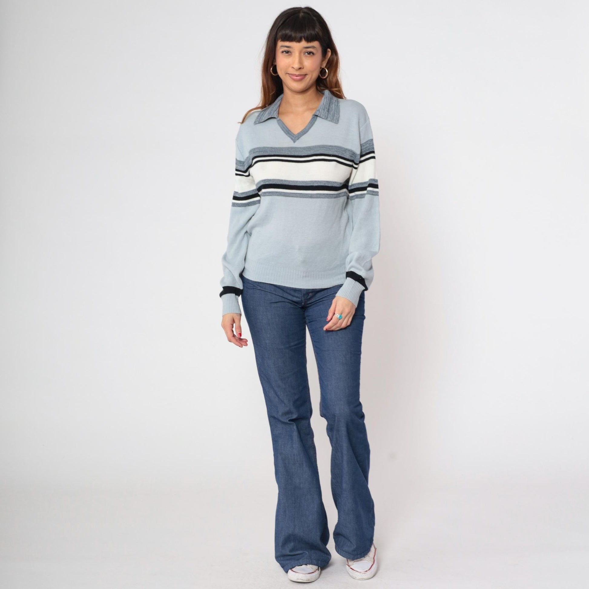 70s Blue Grey Striped Knit Sweater Collared V-Neck Small