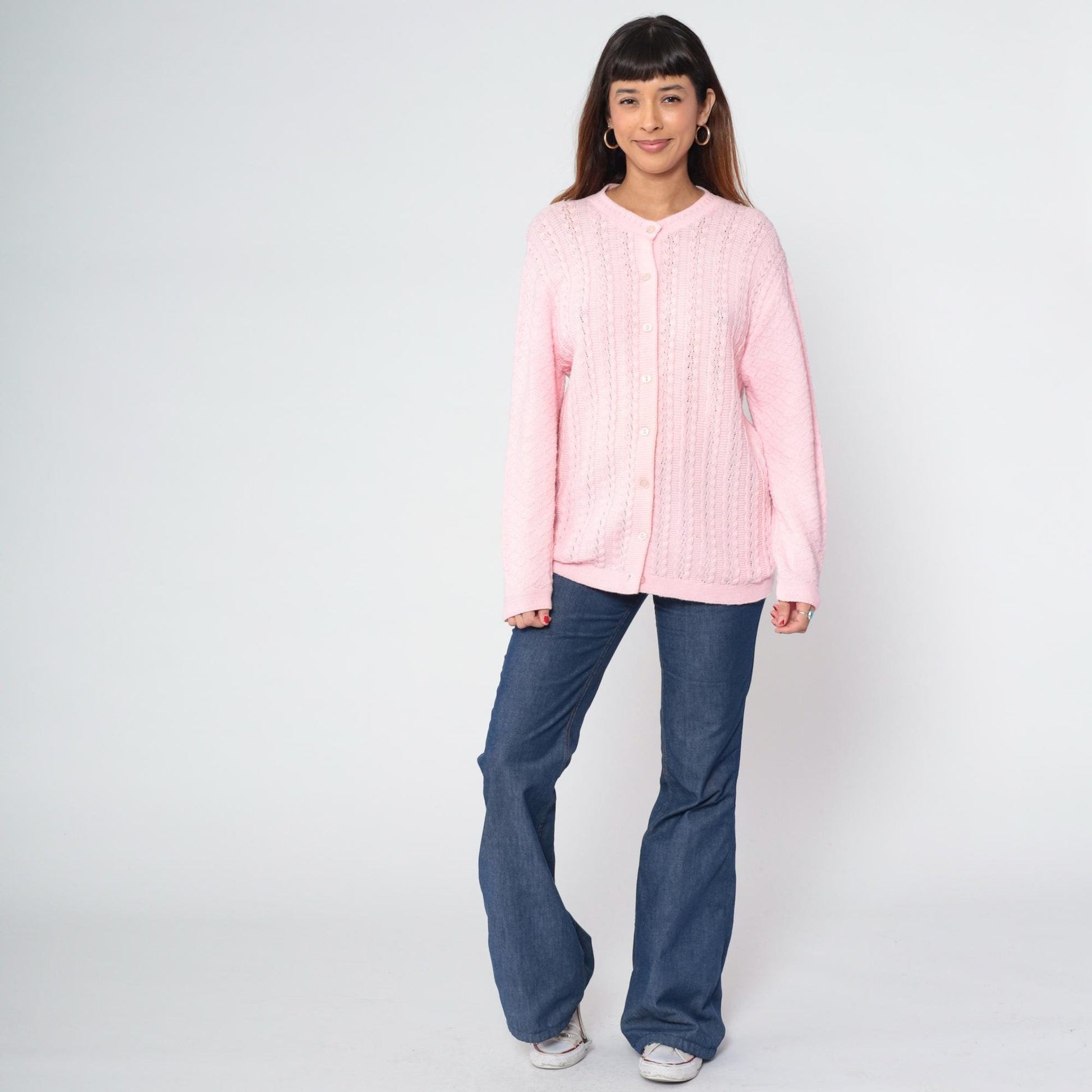 70s Baby Pink Pointelle Cardigan Button-Up Knit Sweater Medium
