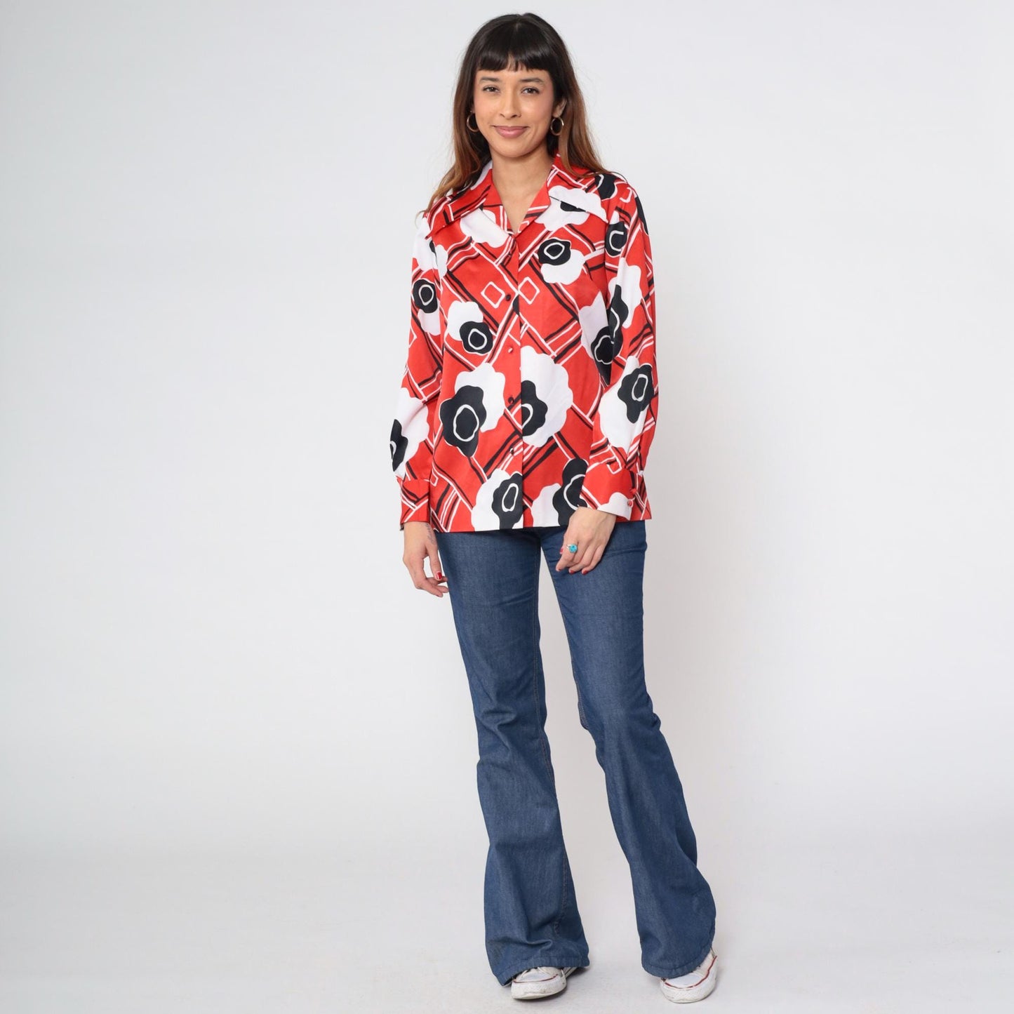 70s Print Bazaar Red Checkered Floral Button-Up Blouse Dagger Collar Medium