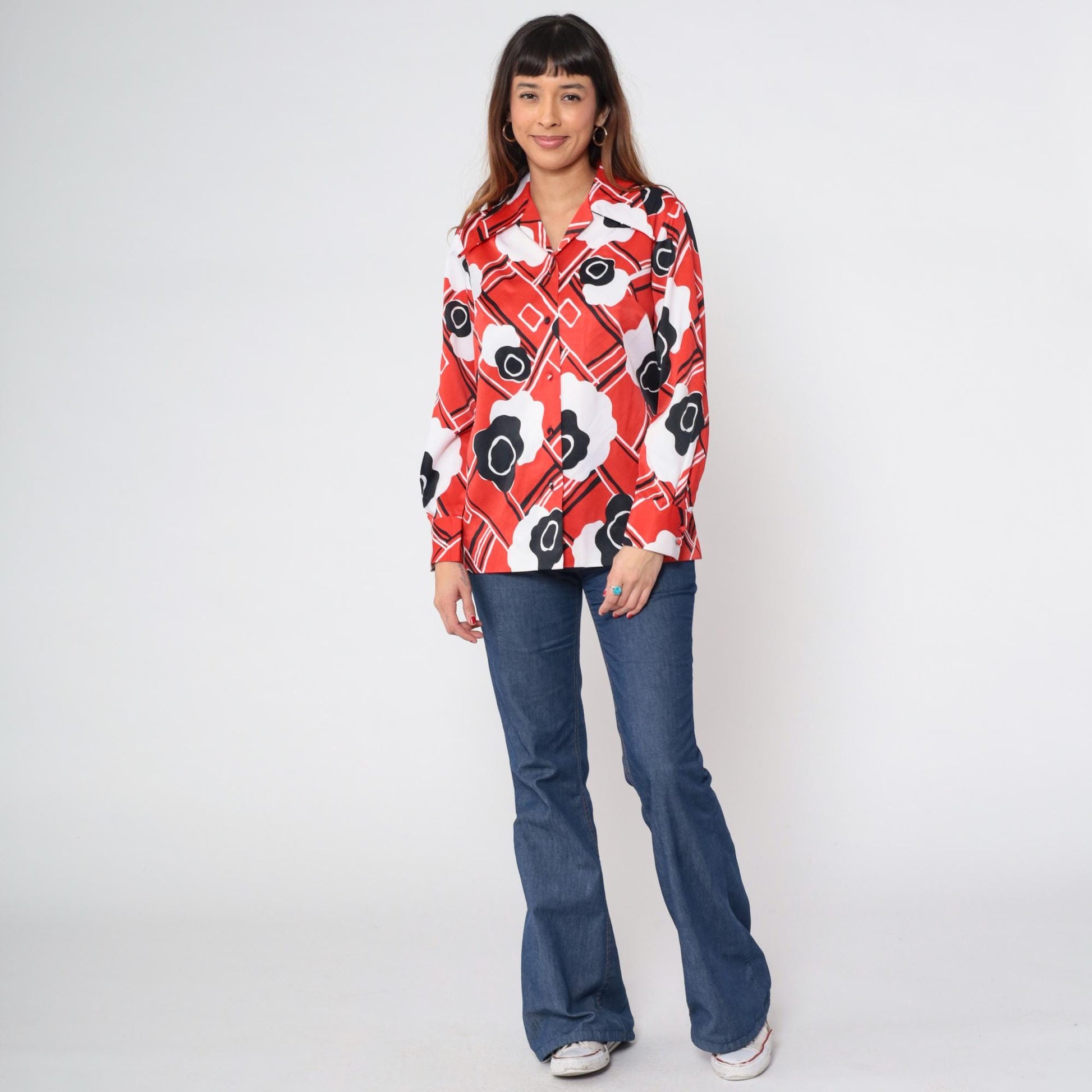 70s Print Bazaar Red Checkered Floral Button-Up Blouse Dagger Collar Medium
