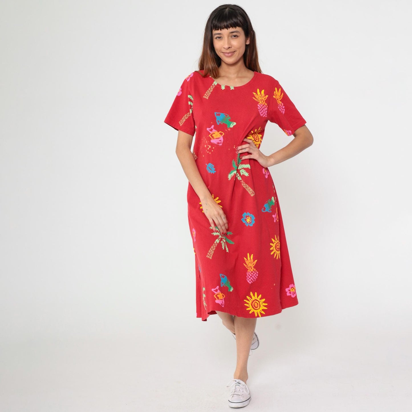 90s Coconut Bay Fish Print Midi Dress Red Tropical Shift Medium