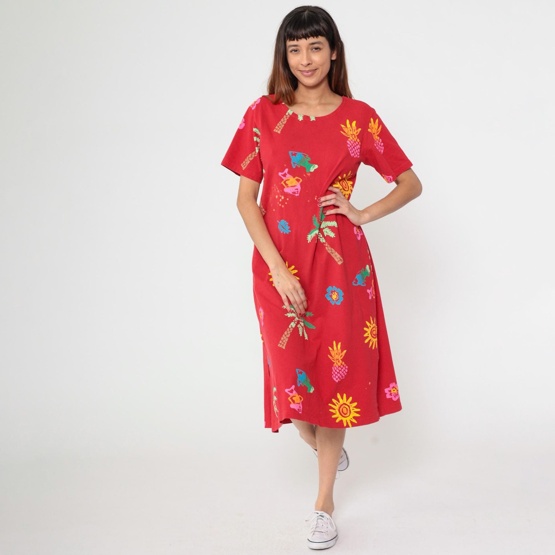 90s Coconut Bay Fish Print Midi Dress Red Tropical Shift Medium