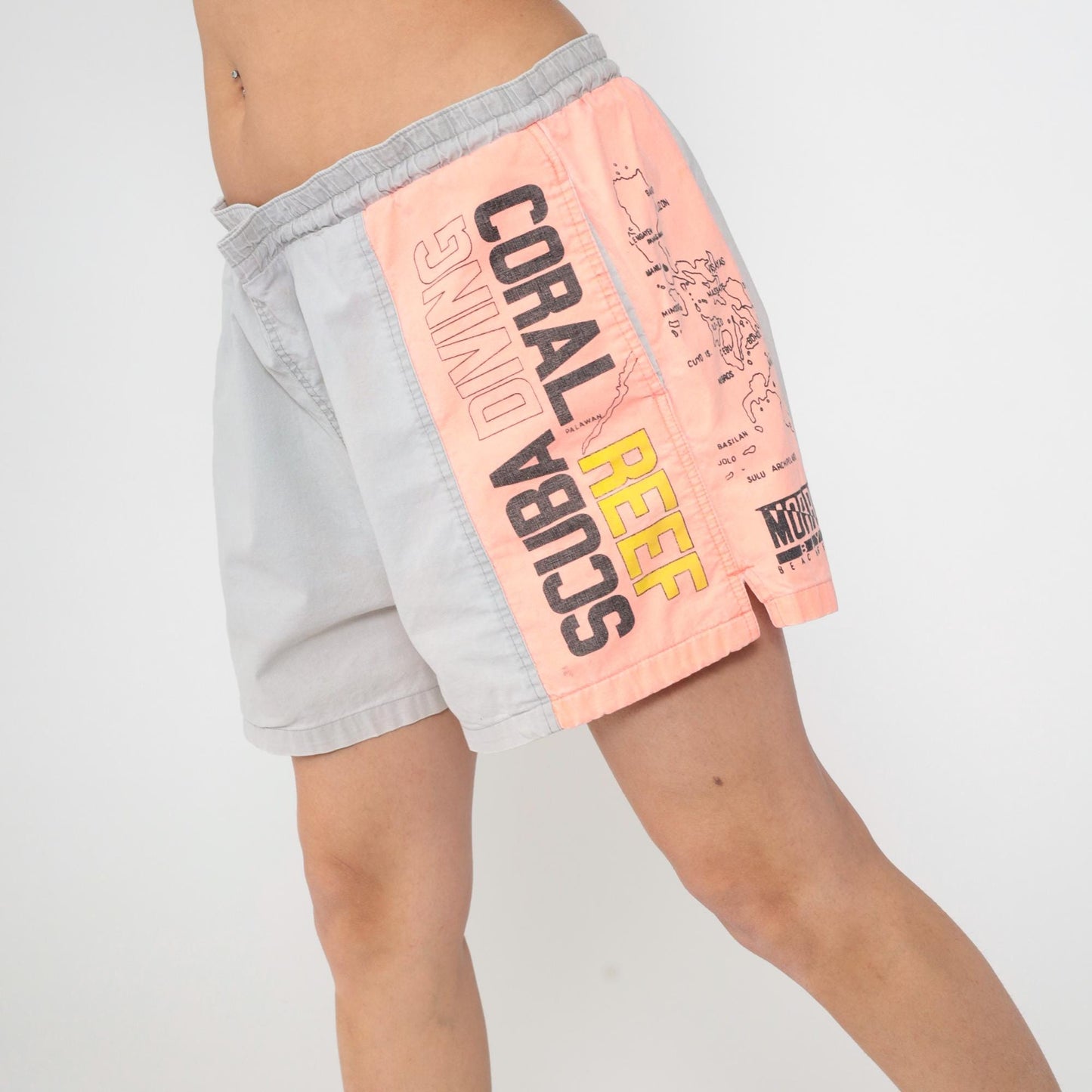 90s Morro Bay Swim Trunks Scuba Diving Philippines Map Coral Grey Cotton Extra Large XL