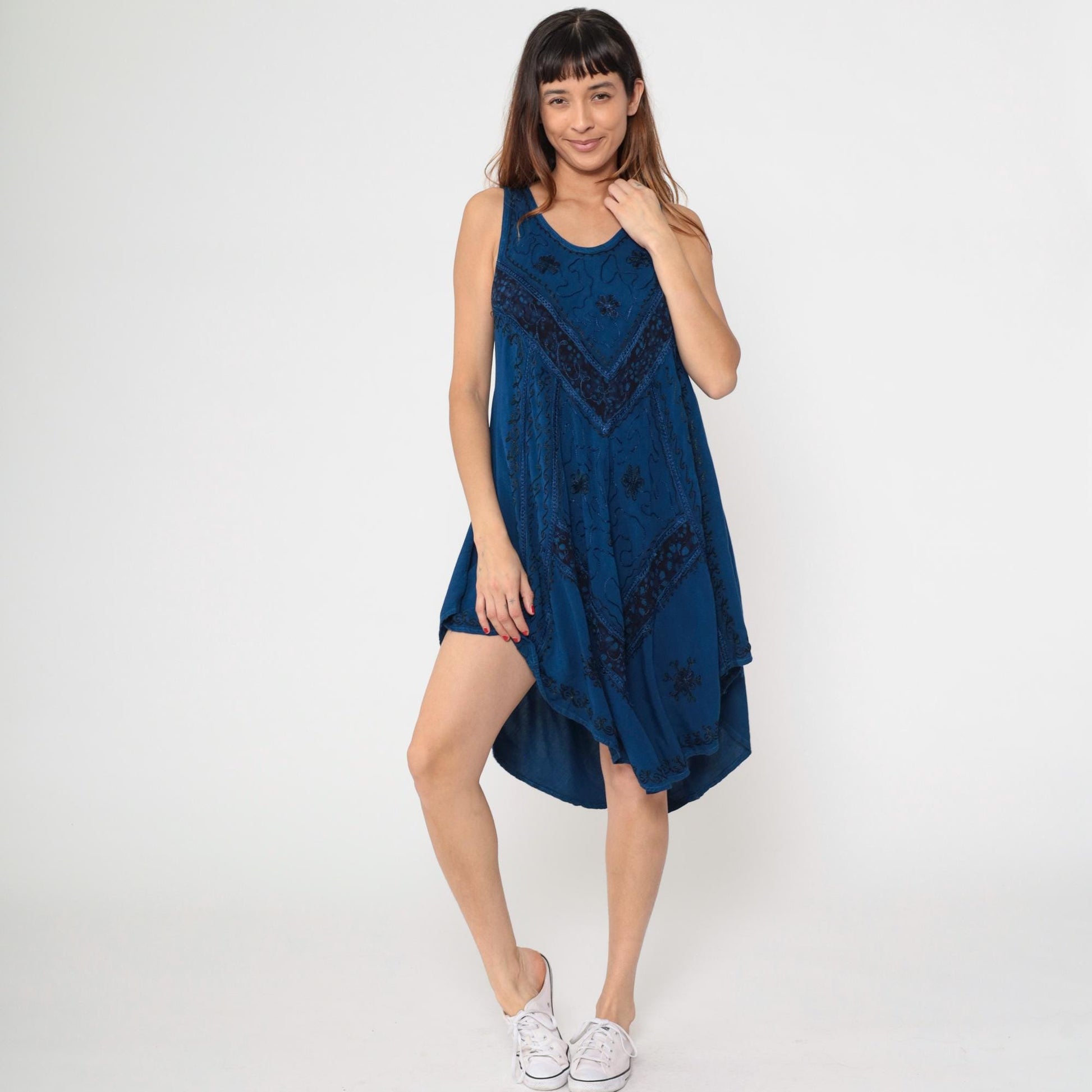 Y2K Dark Blue Embroidered Sundress Asymmetrical Hem Trapeze Cut Medium M