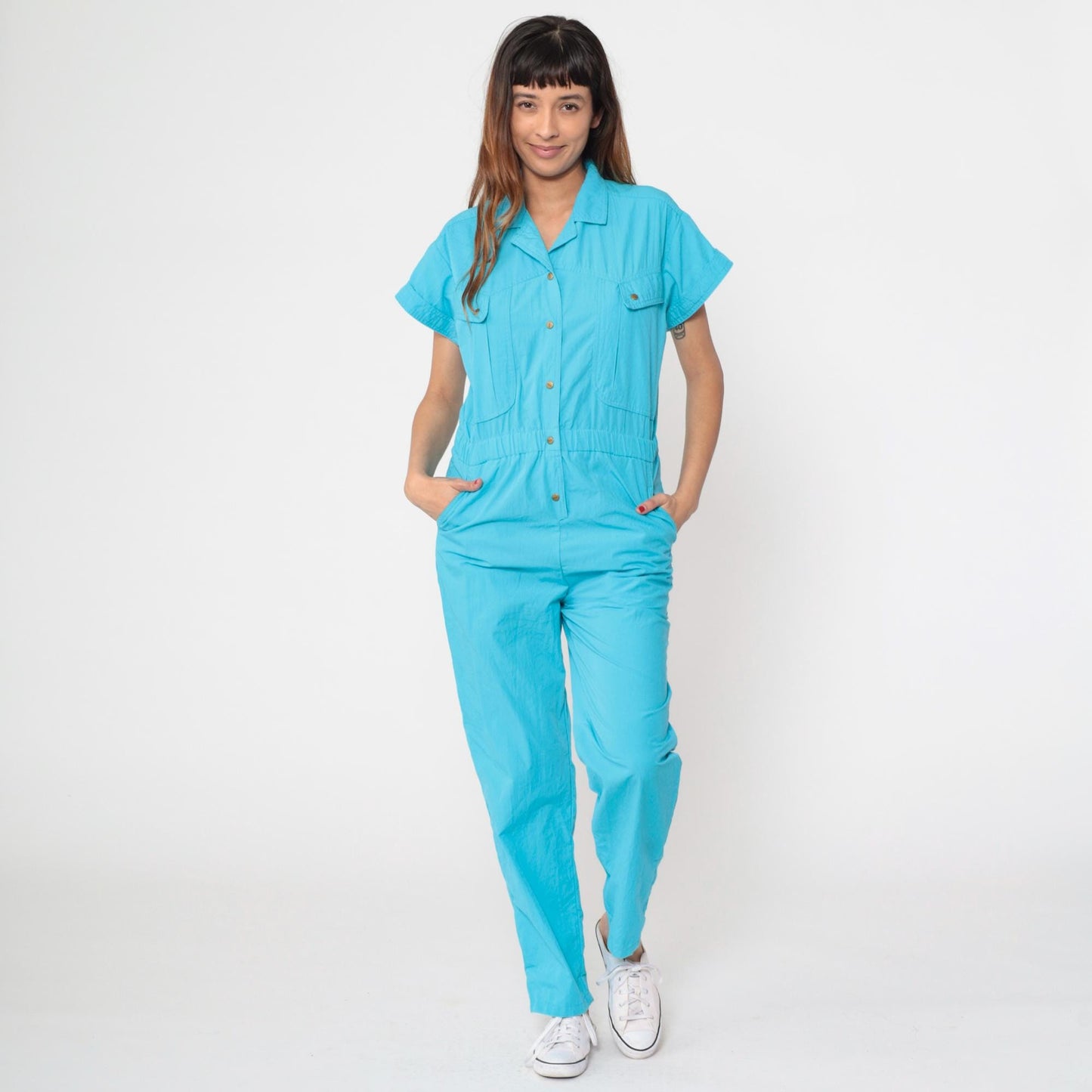 80s Turquoise Jumpsuit Snap Button High Waist Tapered Leg Small S