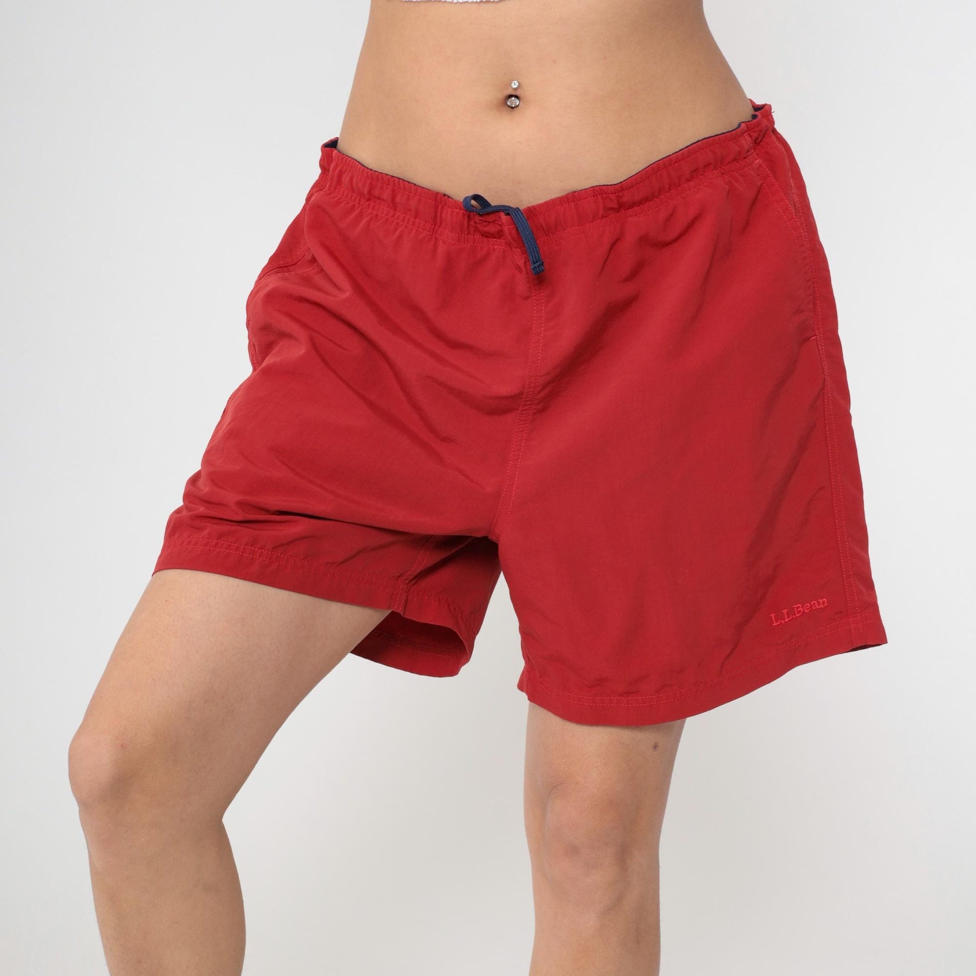 Y2K L.L. Bean Red Nylon Swim Trunks Drawstring Waist Men's Large L