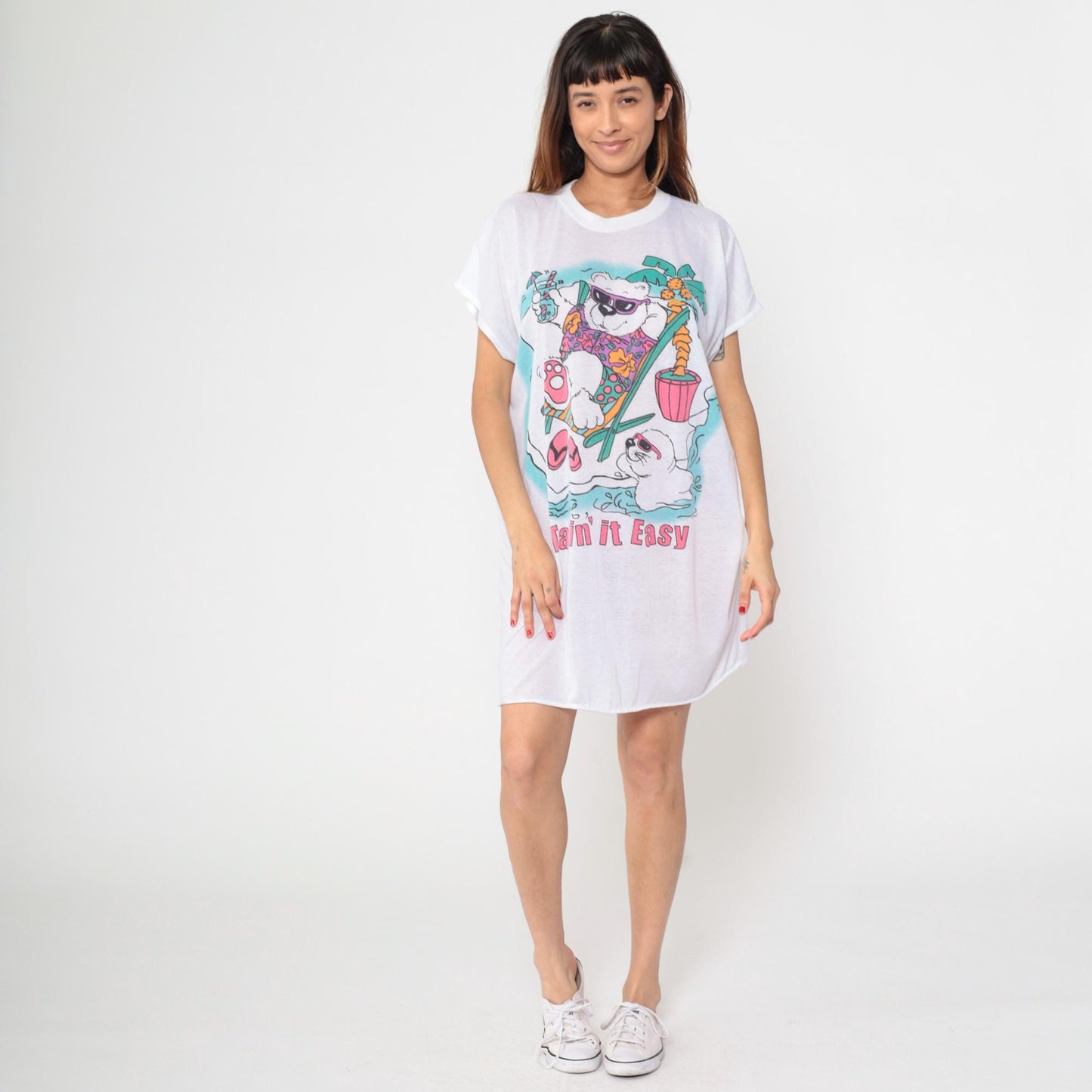 80s Tropical Beach Graphic T-Shirt Dress Bear Seal White Burnout One Size