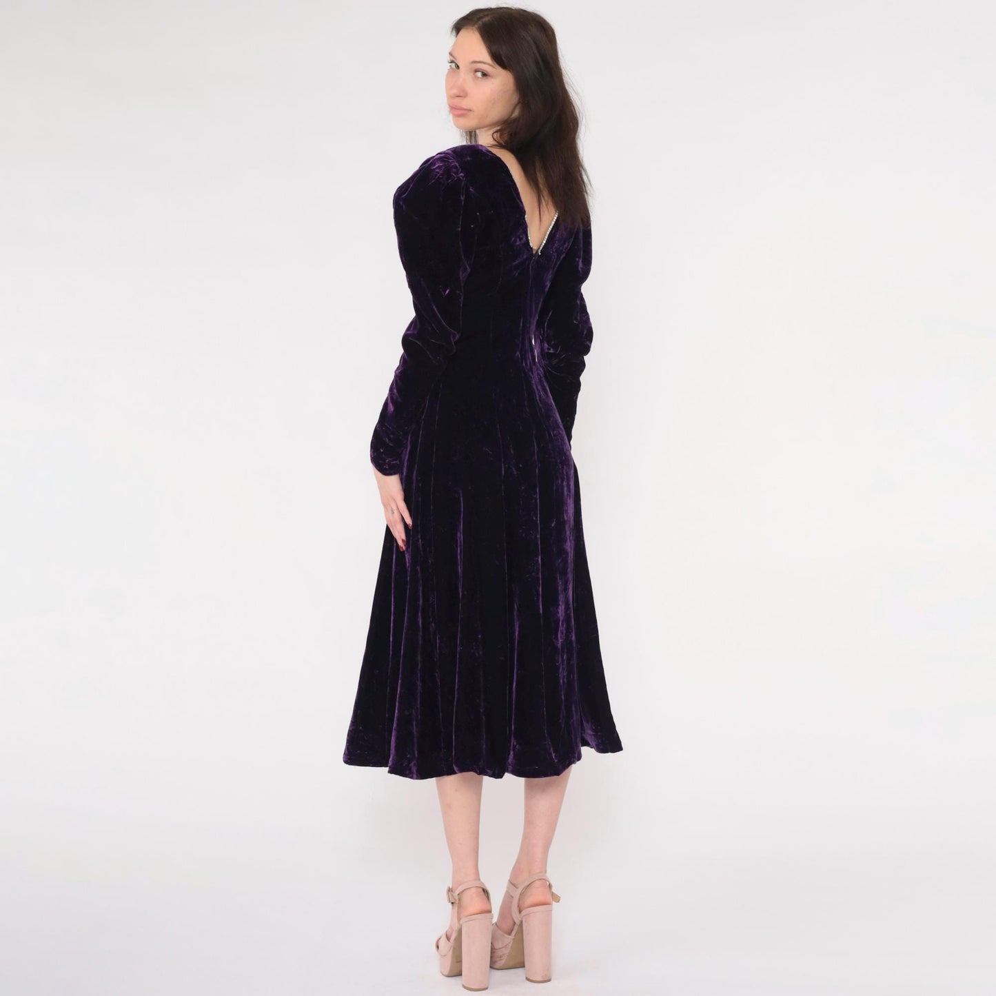 80s Purple Velvet Midi Dress Puff Sleeve A-Line Rhinestone V-Back Extra Small