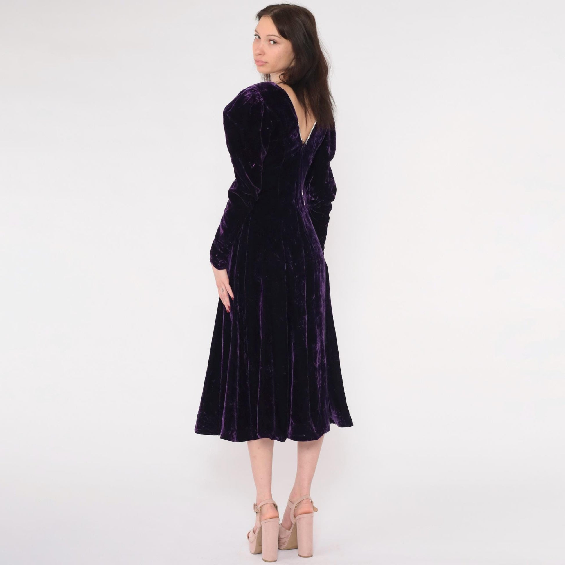 80s Purple Velvet Midi Dress Puff Sleeve A-Line Rhinestone V-Back Extra Small