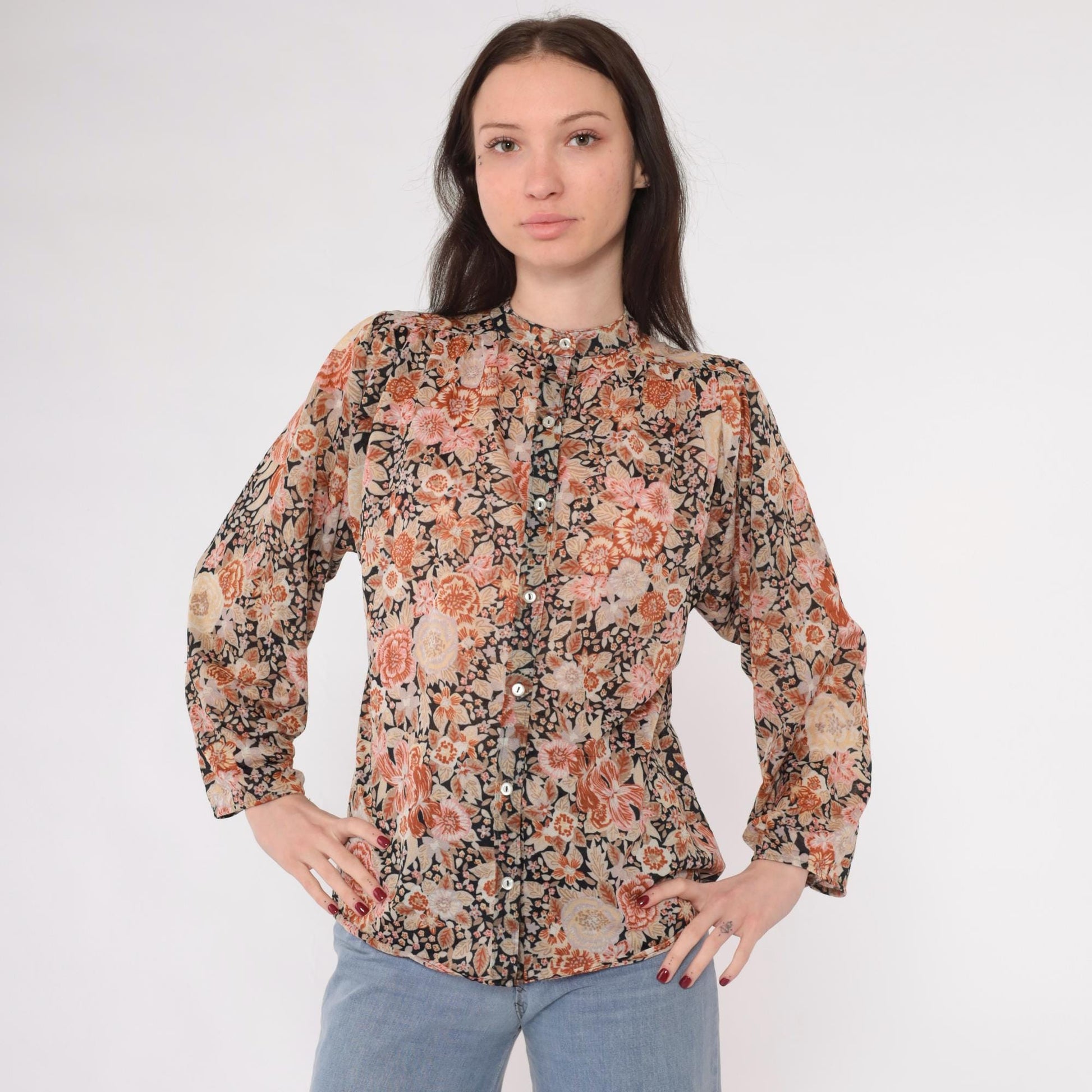 70s Floral Puff Sleeve Button-Up Blouse Burnt Orange Pink Medium M