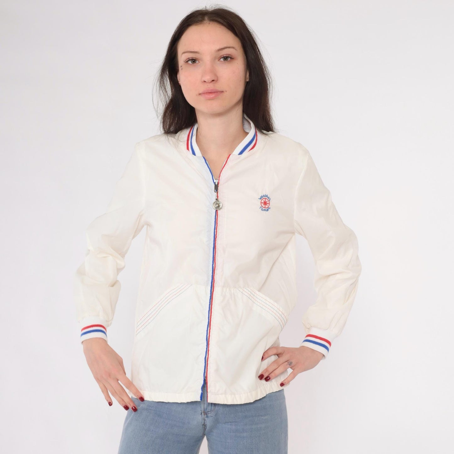 70s Weather Tamer Windbreaker Jacket White Striped Zip-Up Small S
