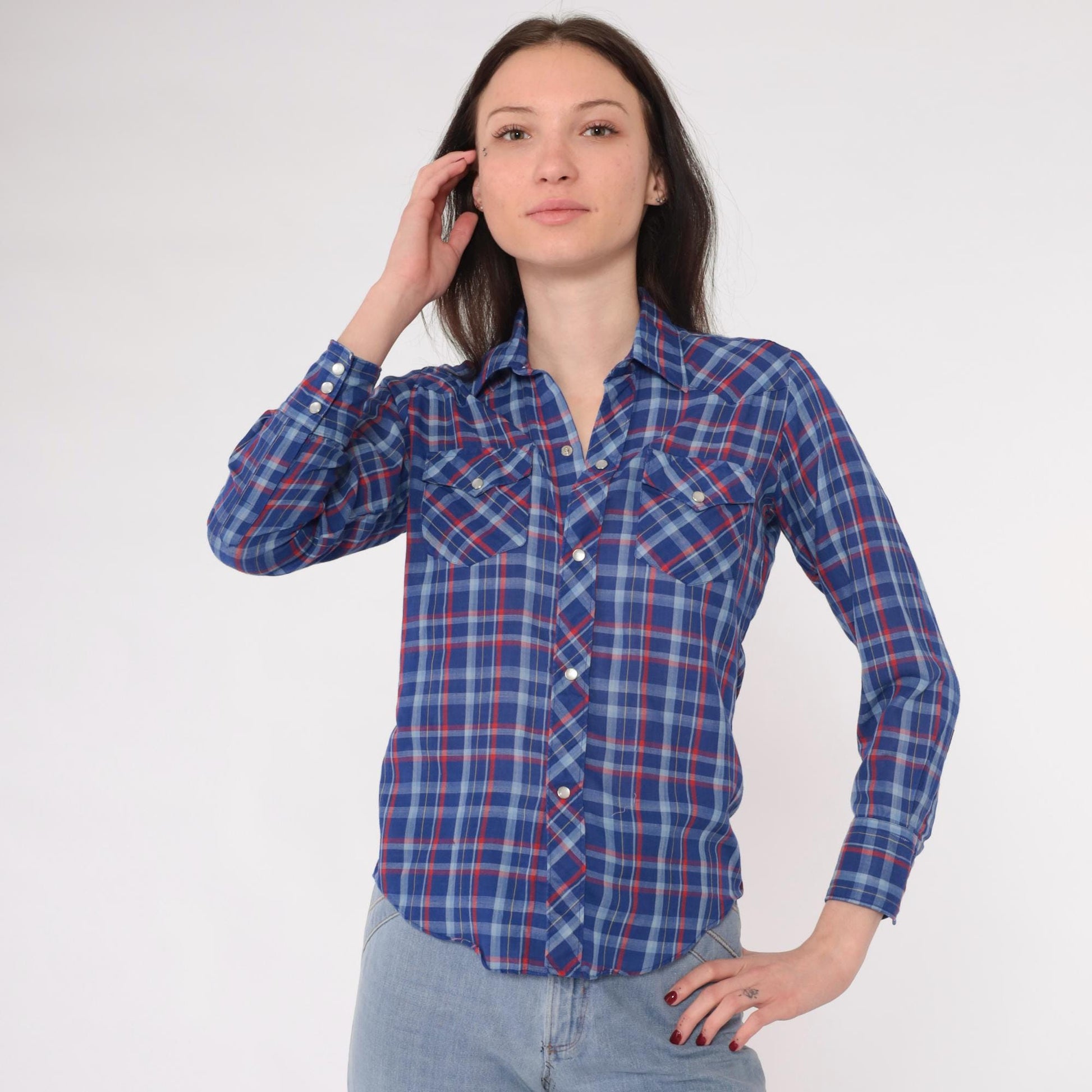 80s Royal Blue Red Plaid Western Shirt Pearl Snap Long Sleeve Extra Small XS