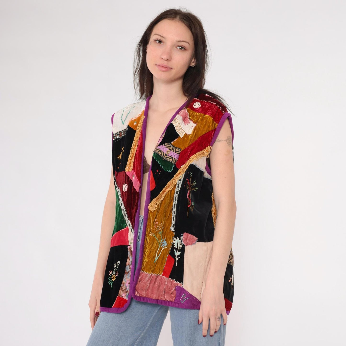 70s Velvet Patchwork Vest Embroidered Floral Bird Lace Trim Red Black Medium Large