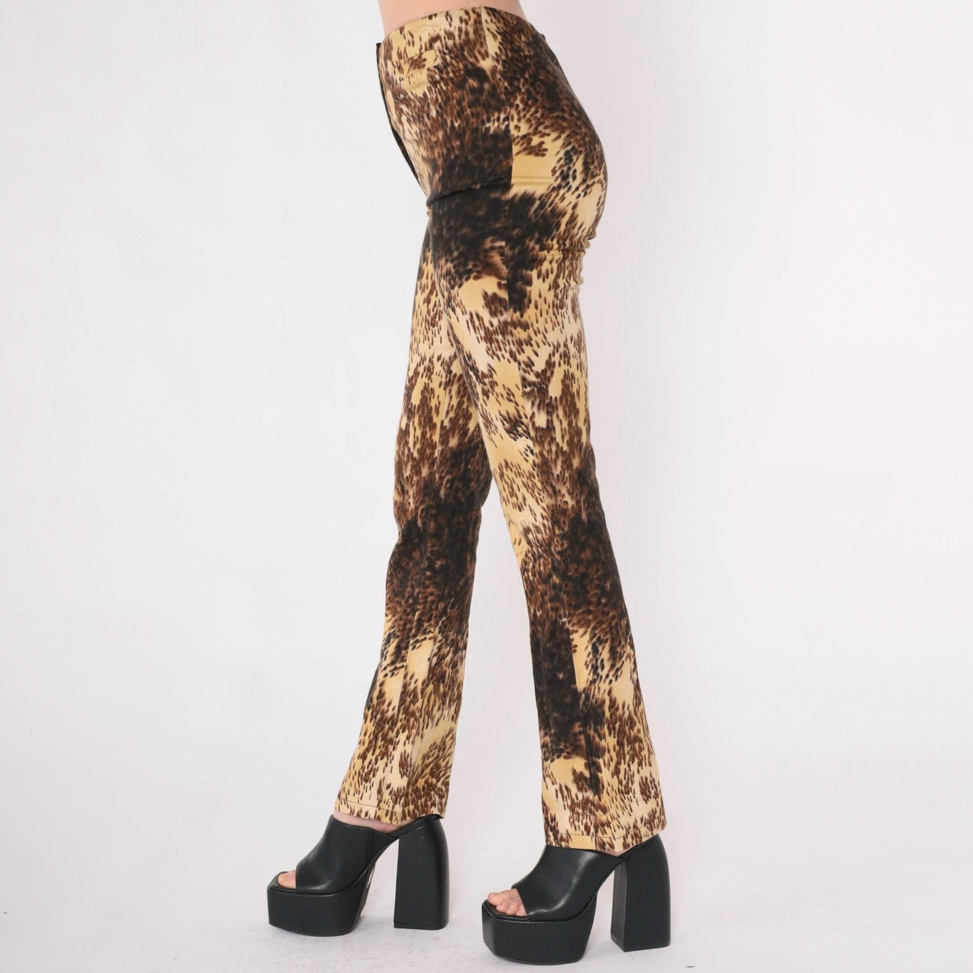 Y2K Cache Abstract Leopard Flared Pants High Rise Brown Yellow Small