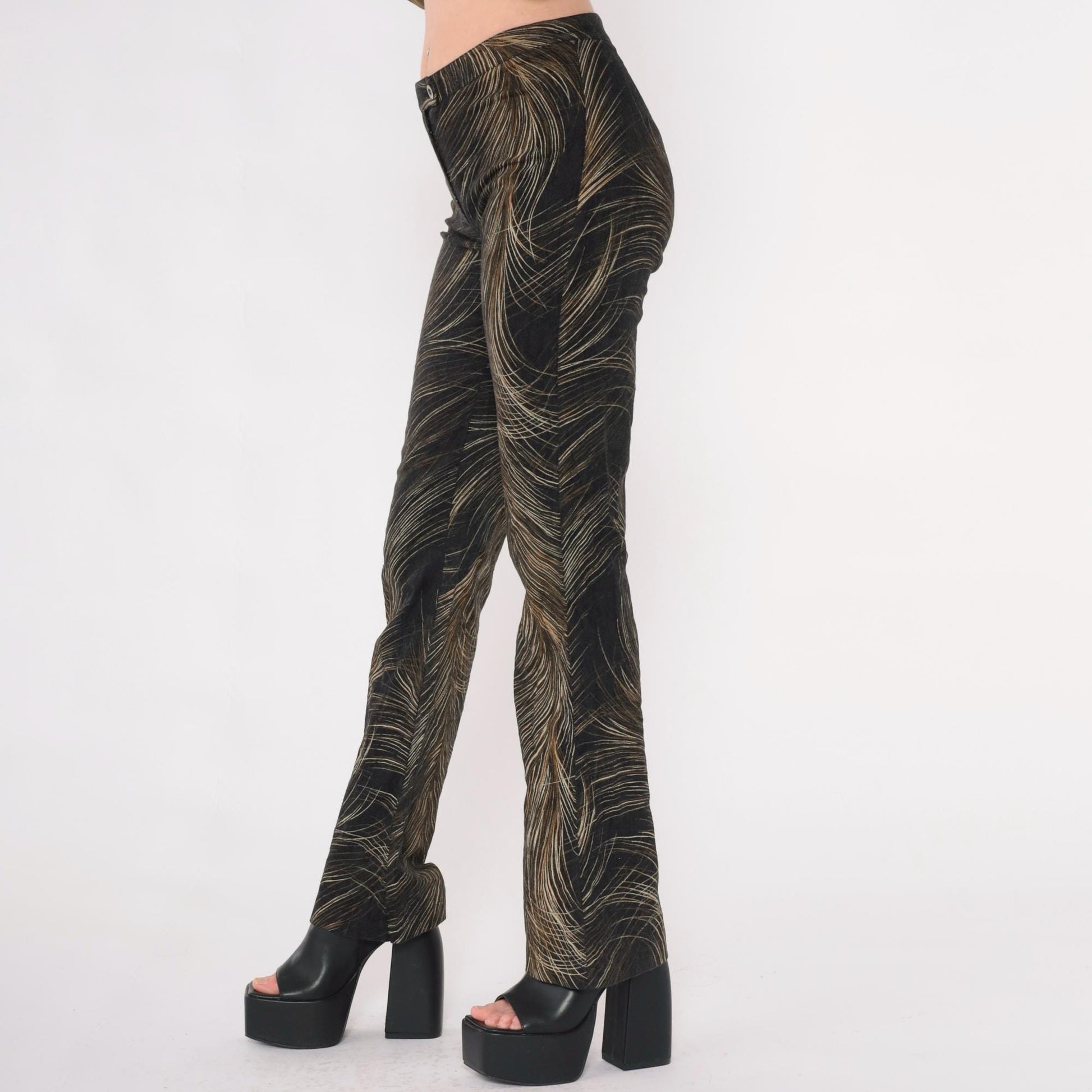 Y2K Cache Feather Print Flared Pants Brown Mid Rise Extra Small