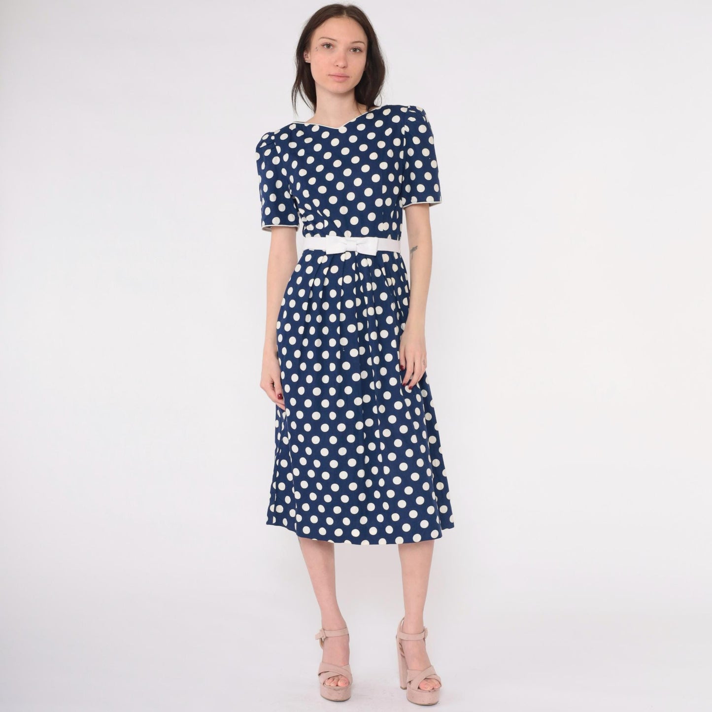 80s Lanz Originals Polka Dot Midi Dress Puff Sleeve Navy Bow Waist Extra Small