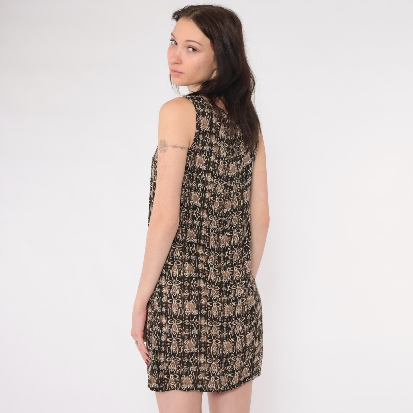 90s Geometric Mini Shift Dress Tan Brown Sleeveless Extra Small
