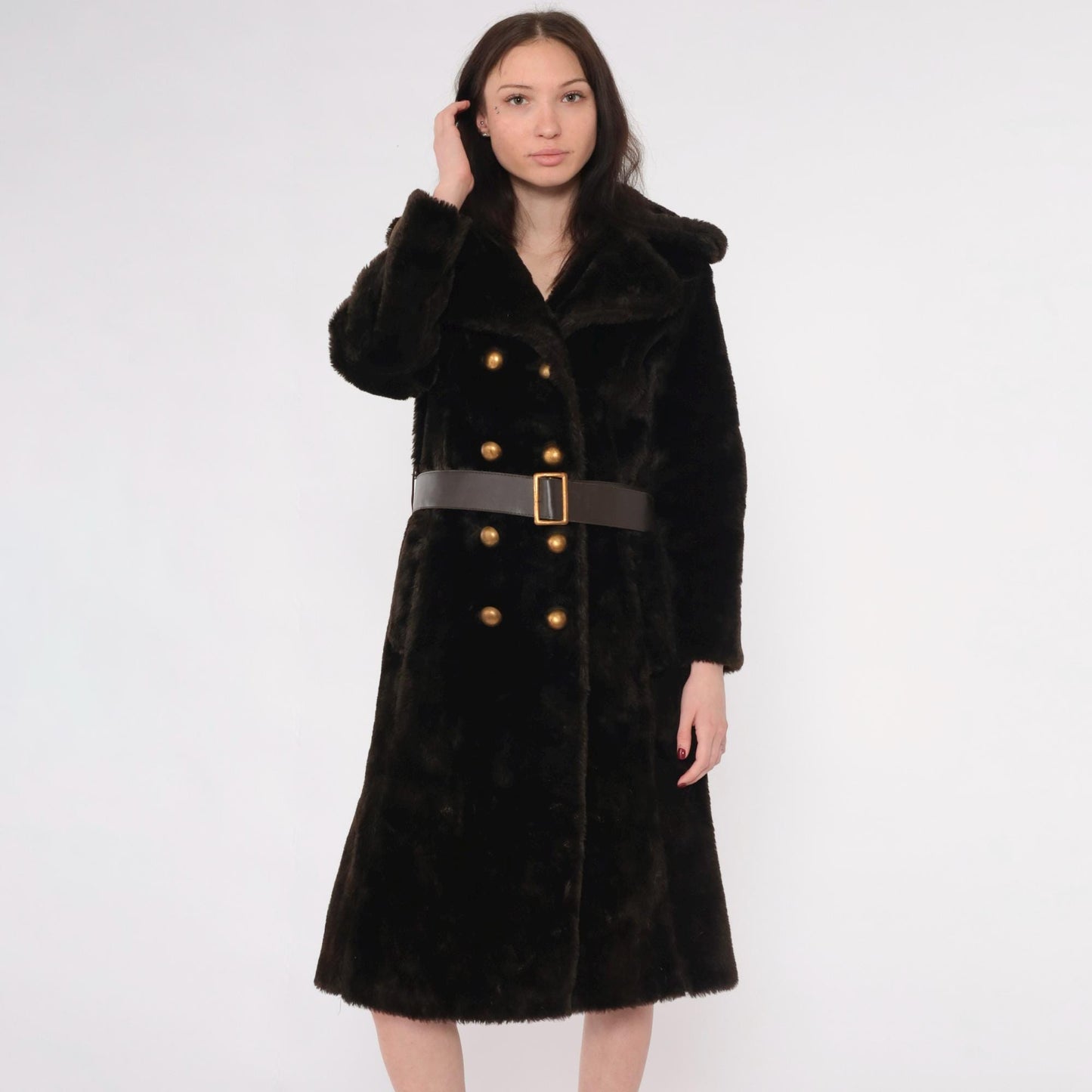 70s Brown Faux Fur Coat Double Breasted with Belt Small S