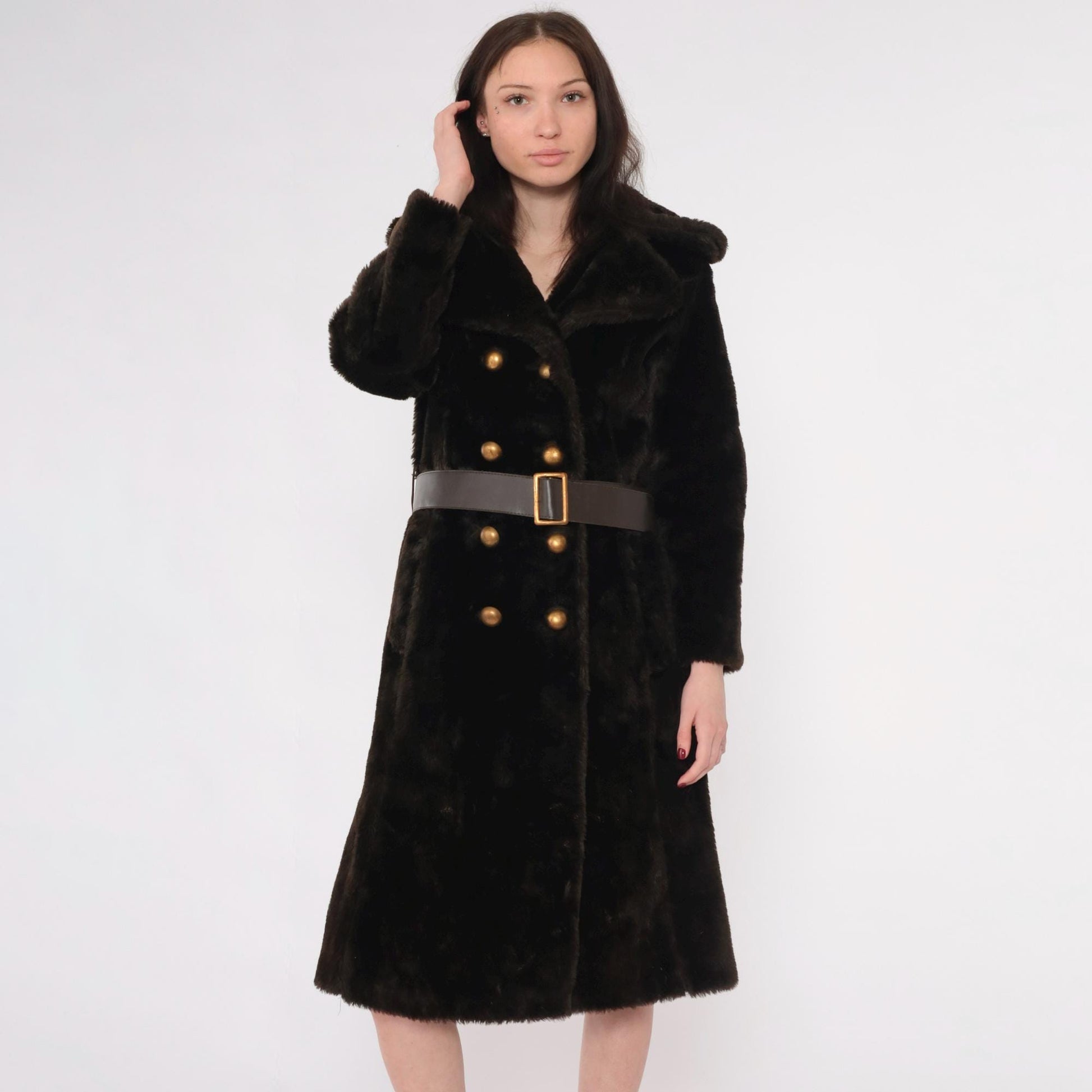 70s Brown Faux Fur Coat Double Breasted with Belt Small S