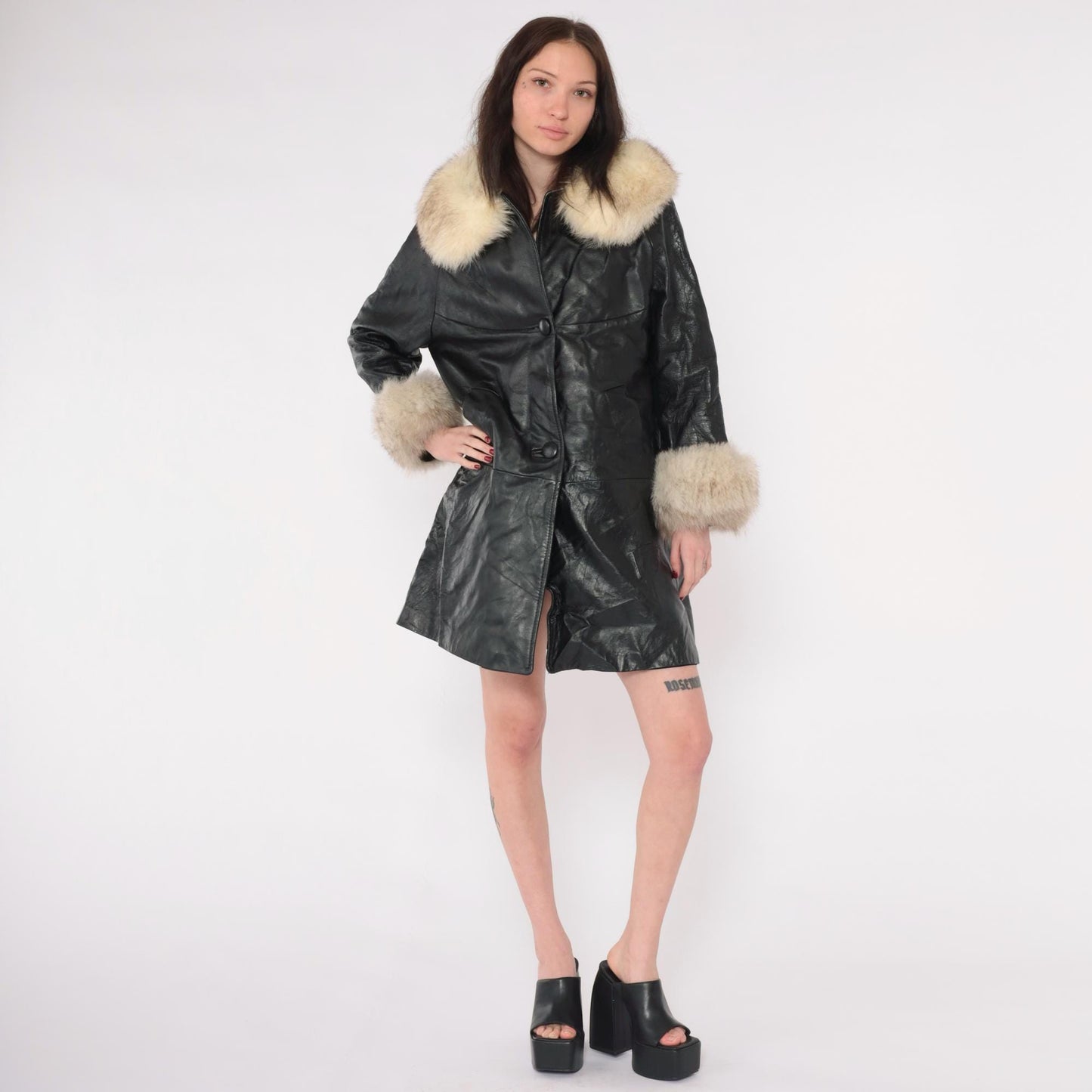 70s Black Leather Jacket Fur Collar Cuffs Button Front Medium