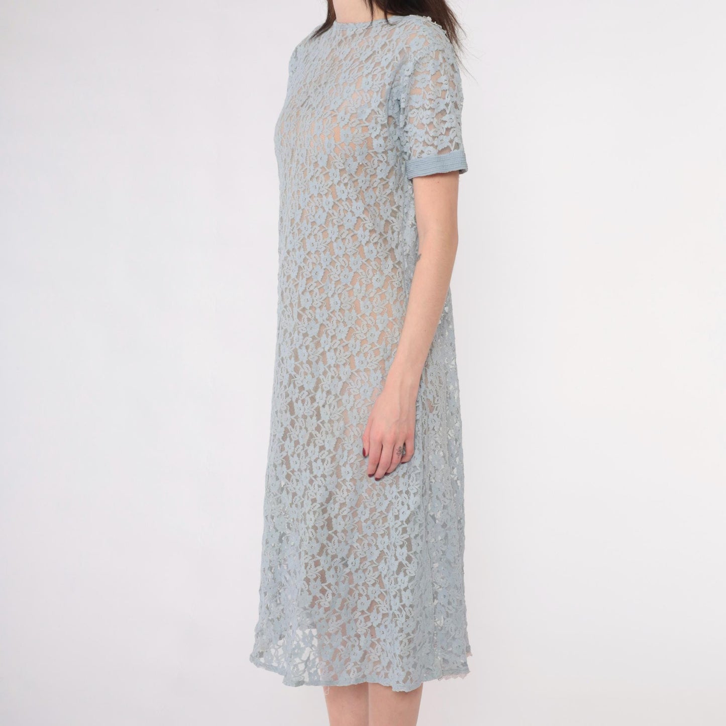 90s Blue Floral Lace Midi Dress Short Sleeve Shift Medium M
