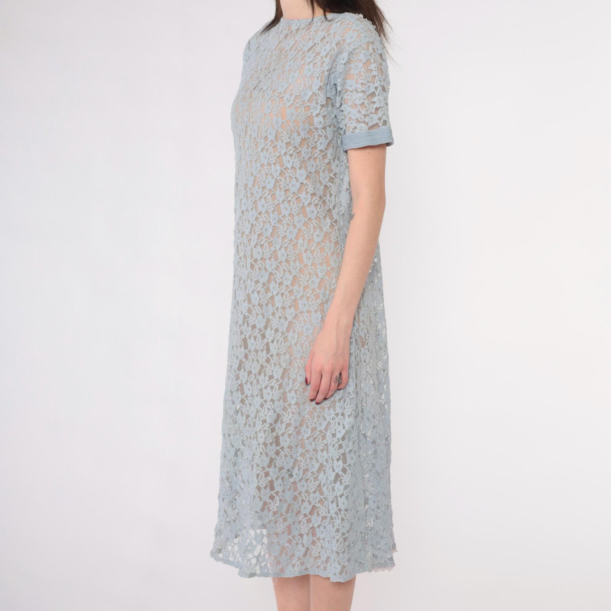 90s Blue Floral Lace Midi Dress Short Sleeve Shift Medium M