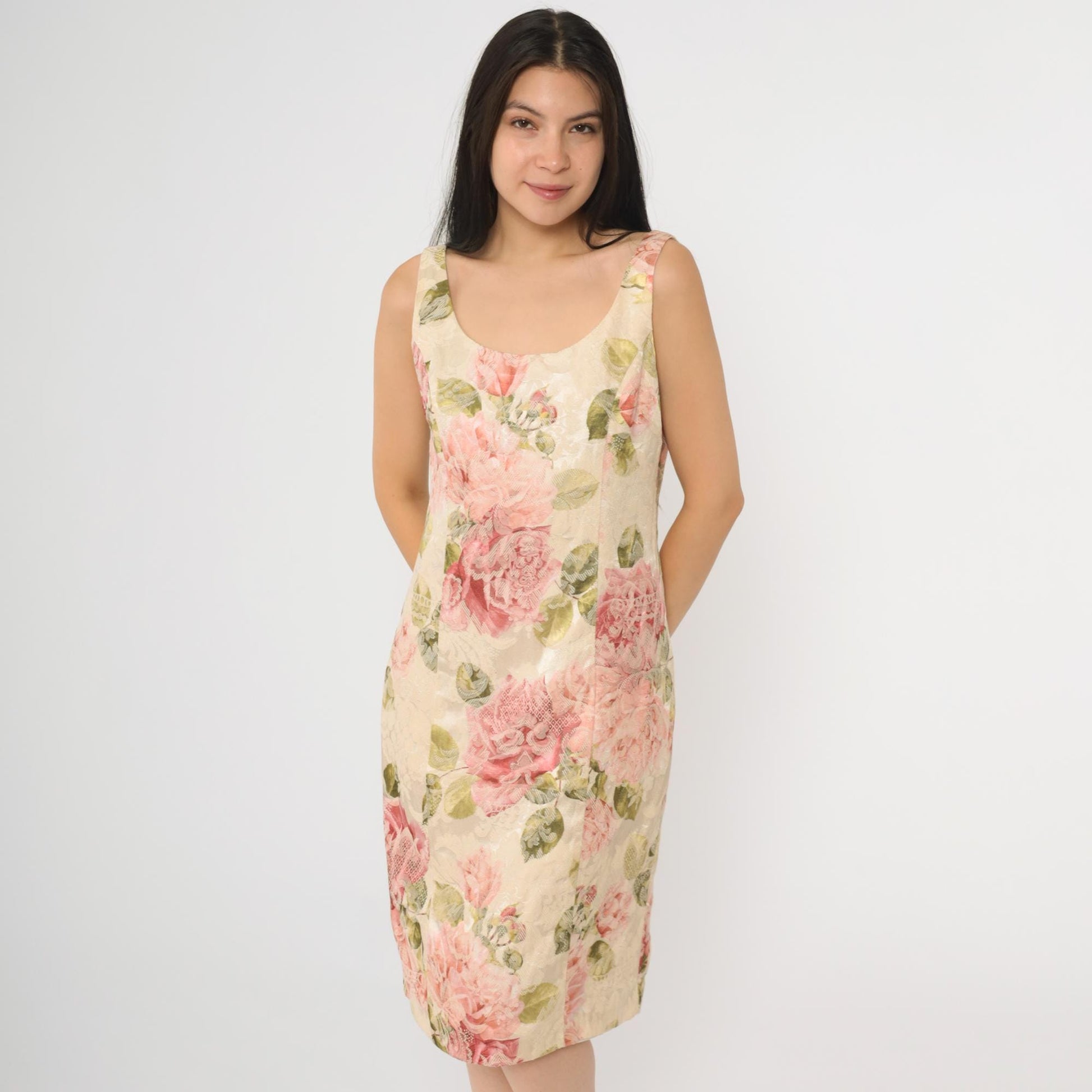90s Newport News Floral Jacquard Sheath Dress Cream Pink Mini Small
