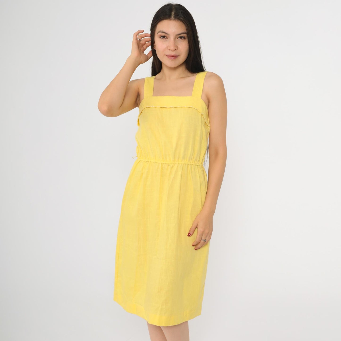 80s Yellow Sleeveless Midi Dress High Waist Square Neck Small S