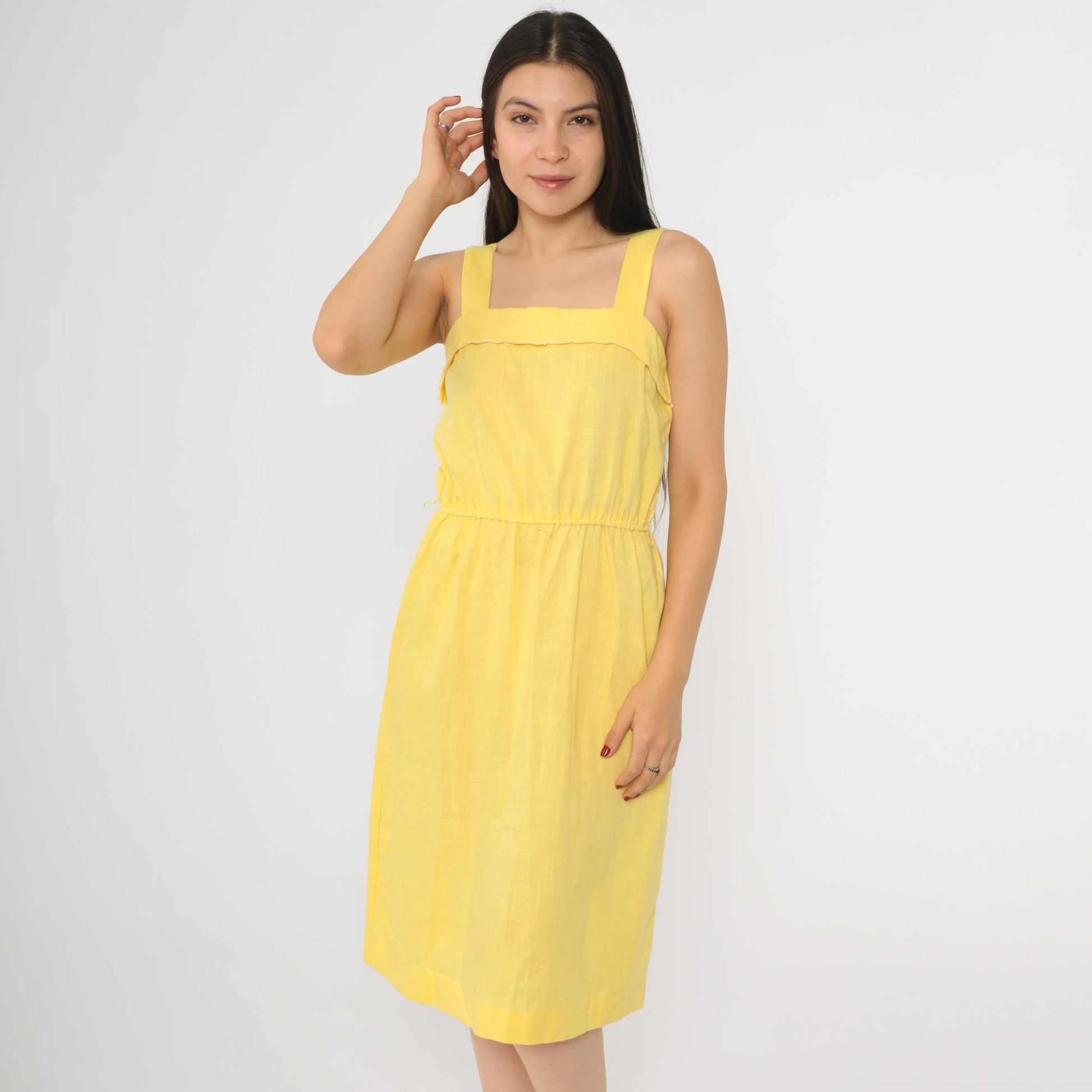 80s Yellow Sleeveless Midi Dress High Waist Square Neck Small S