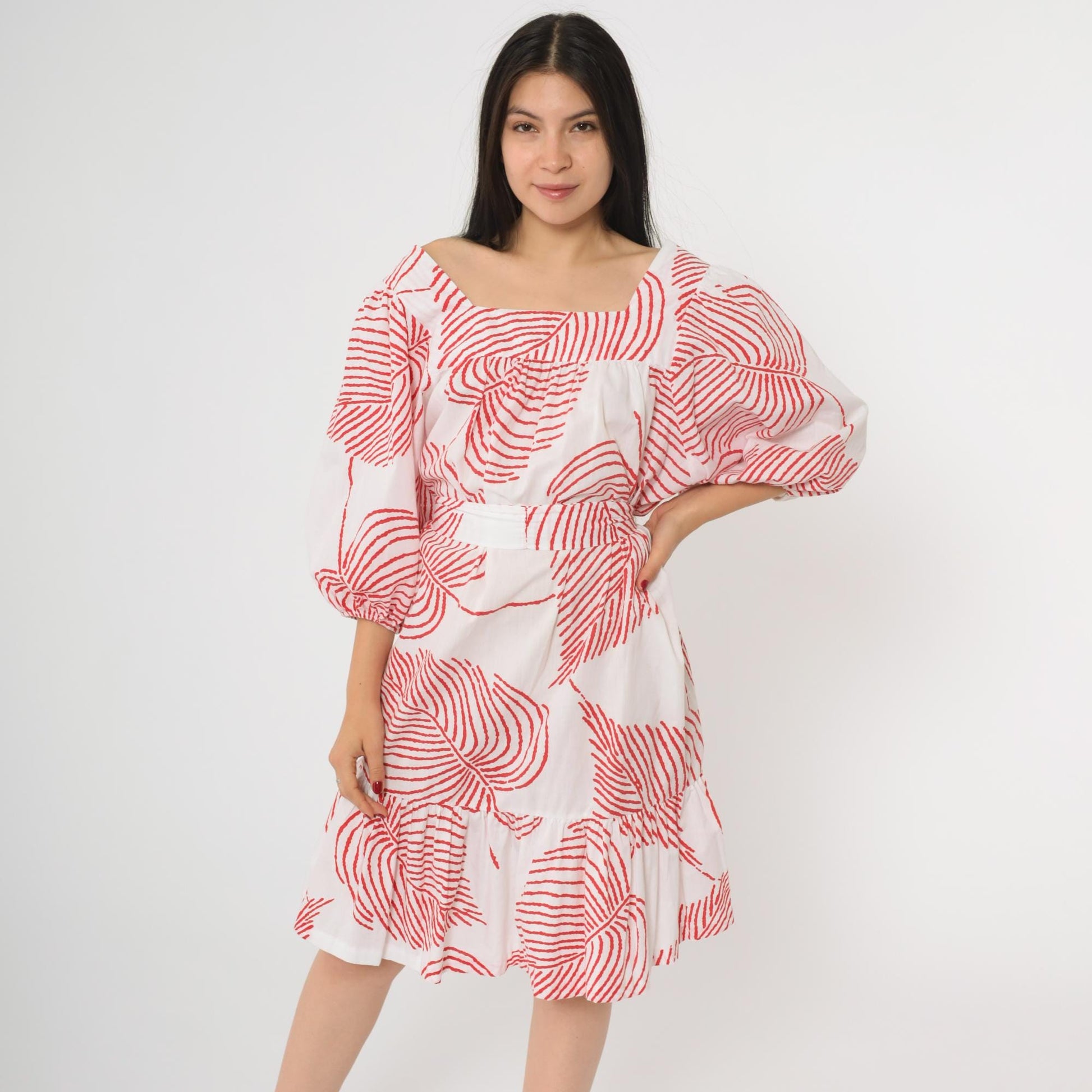 80s Periphery Loungewear Tropical Leaf Print Midi Dress Red White Large L