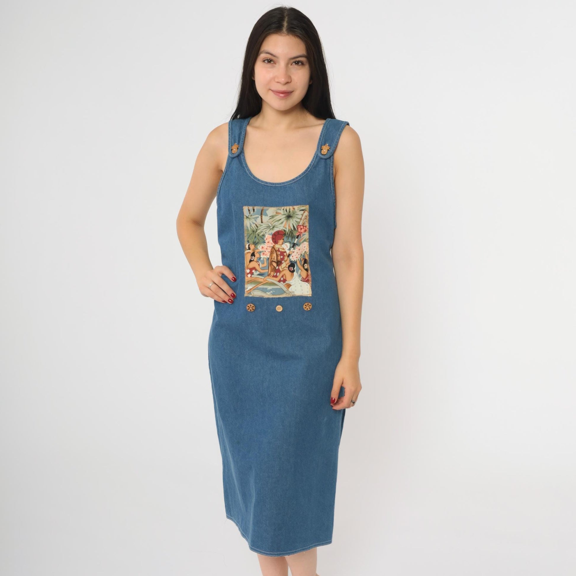 90s Hawaiian Denim Jumper Dress Tropical Print Midi Medium Petite