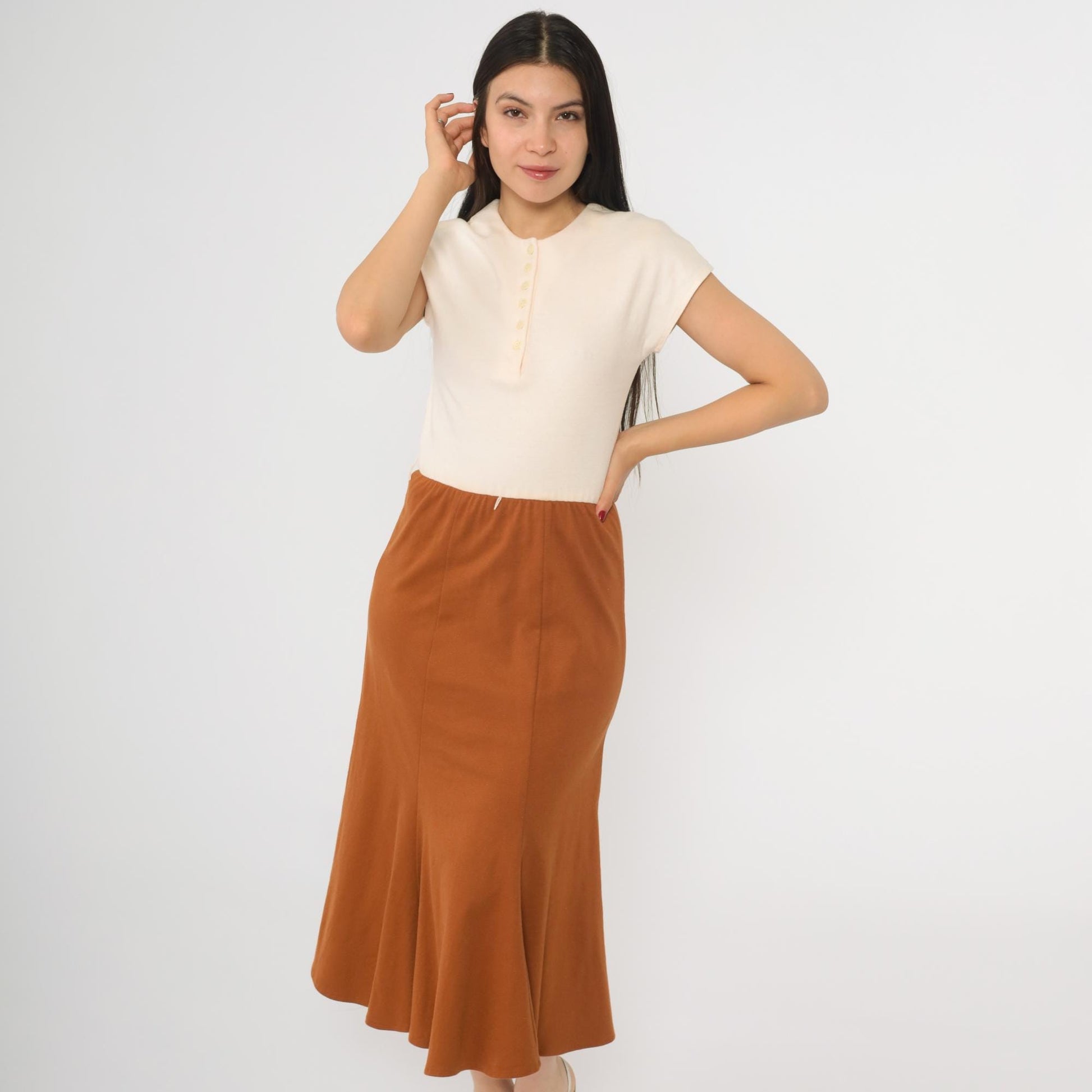 80s Cream Burnt Orange Knit Midi Shirtdress Button Up Cap Sleeve Extra Small