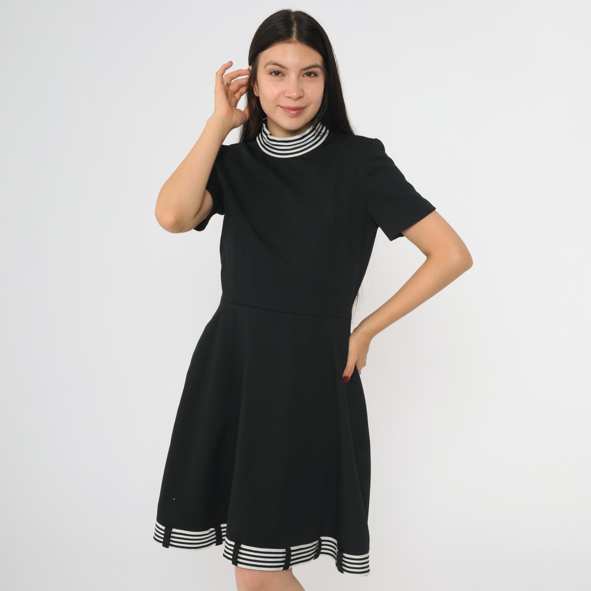 60s Black Mod Shift Dress White Striped Mock Neck Mini Small S