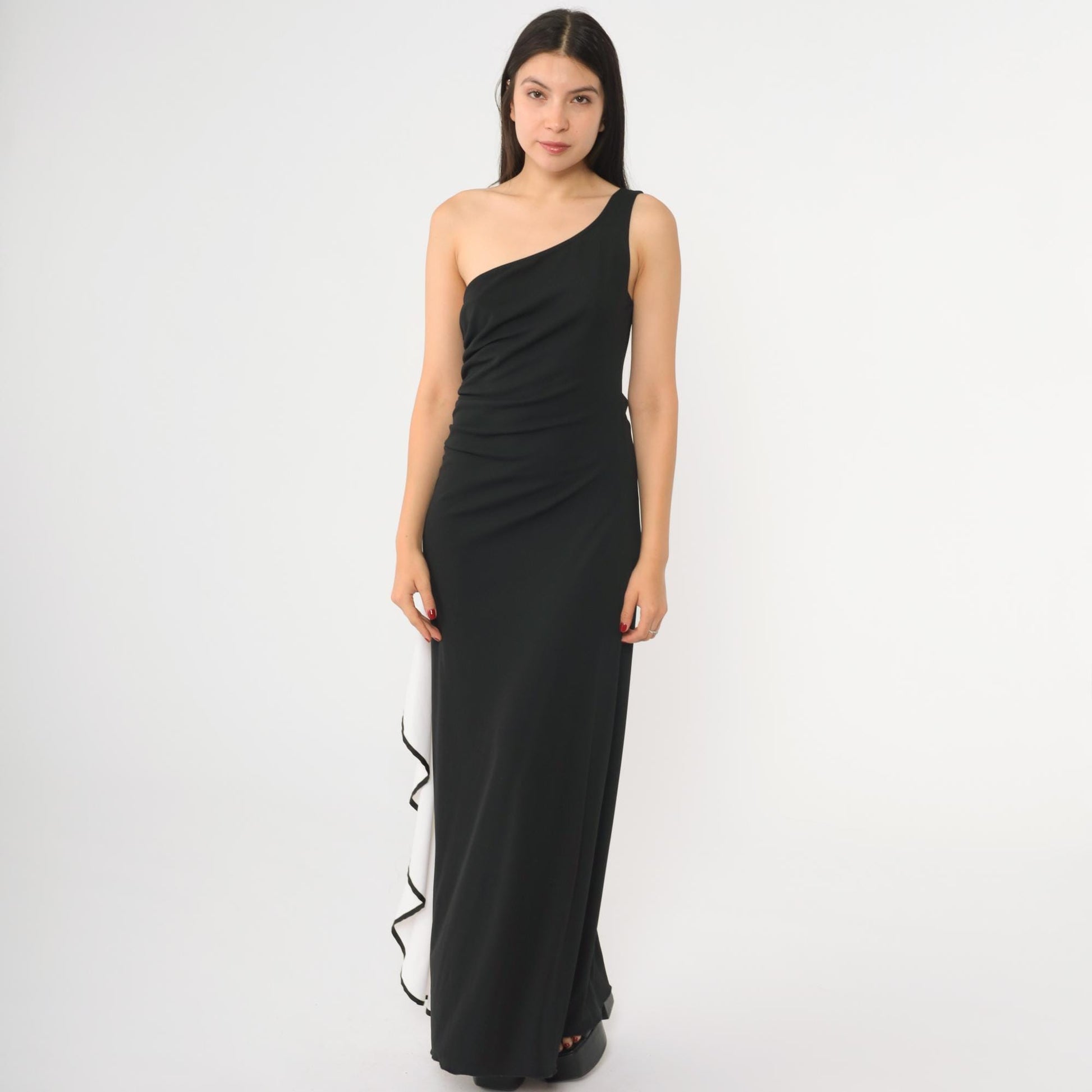 Y2K Black One-Shoulder Maxi Dress White Ruffled Column Bodycon Small