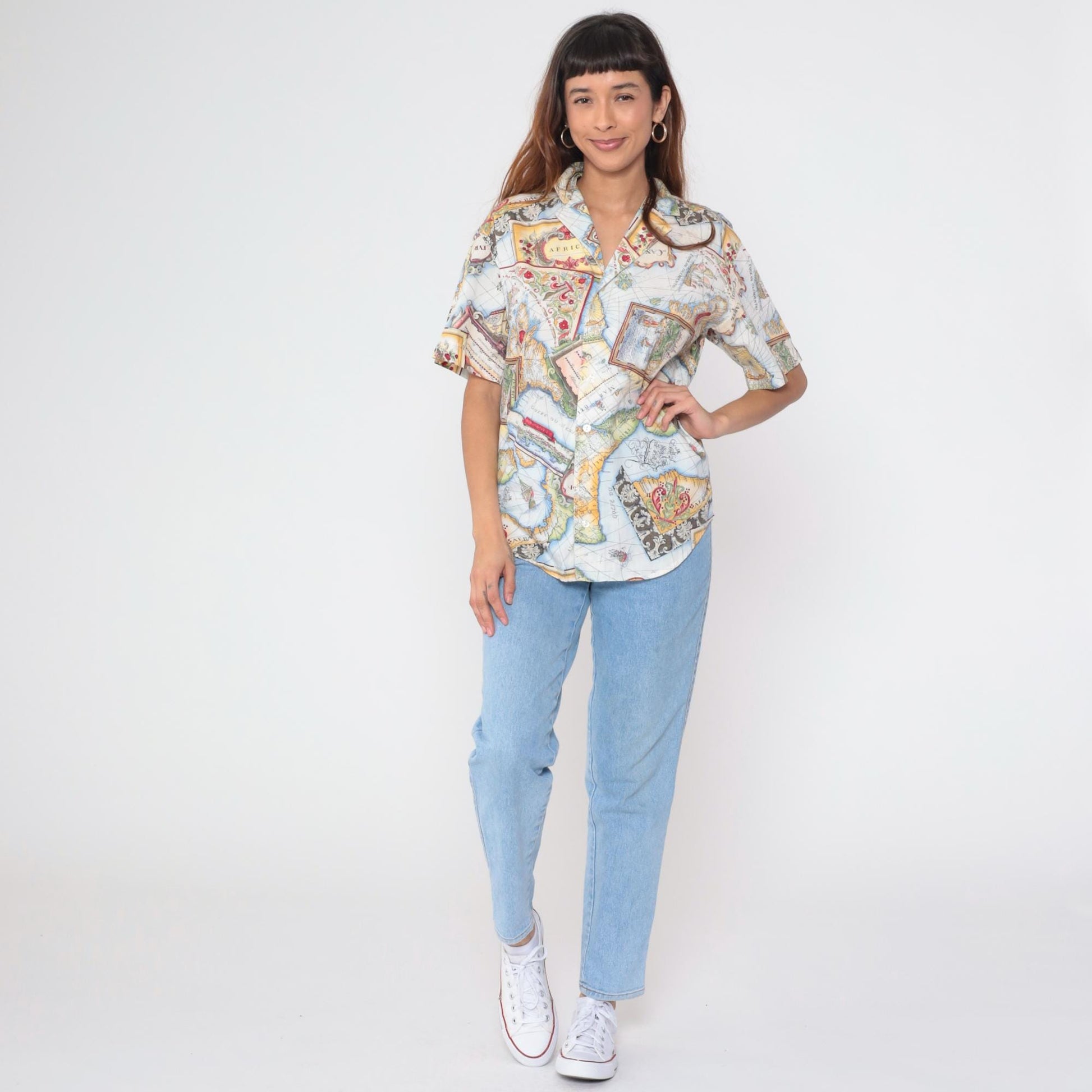 90s Lizwear Africa Map Print Cotton Button Up Shirt Small S