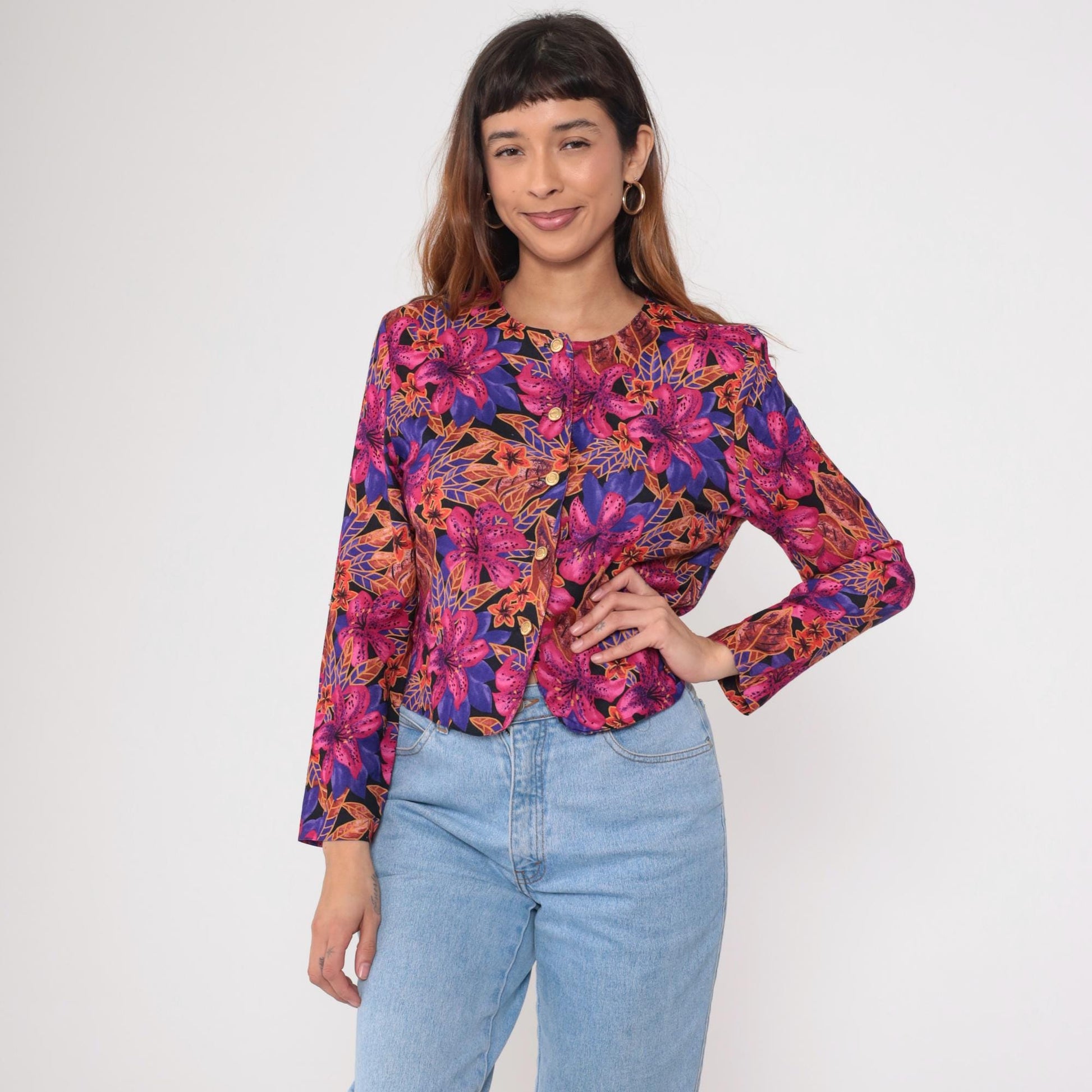 80s Norton McNaughton Tropical Floral Button-Up Blouse Fuchsia Small