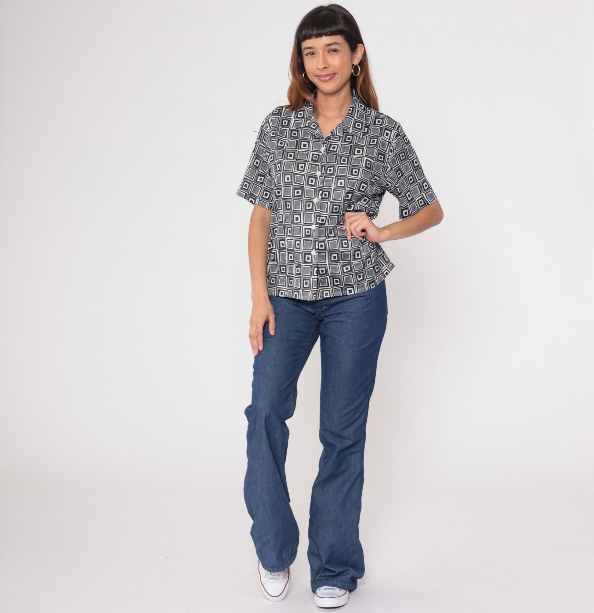 Y2K Geometric Op Art Button-Up Blouse Black White Square Print Large